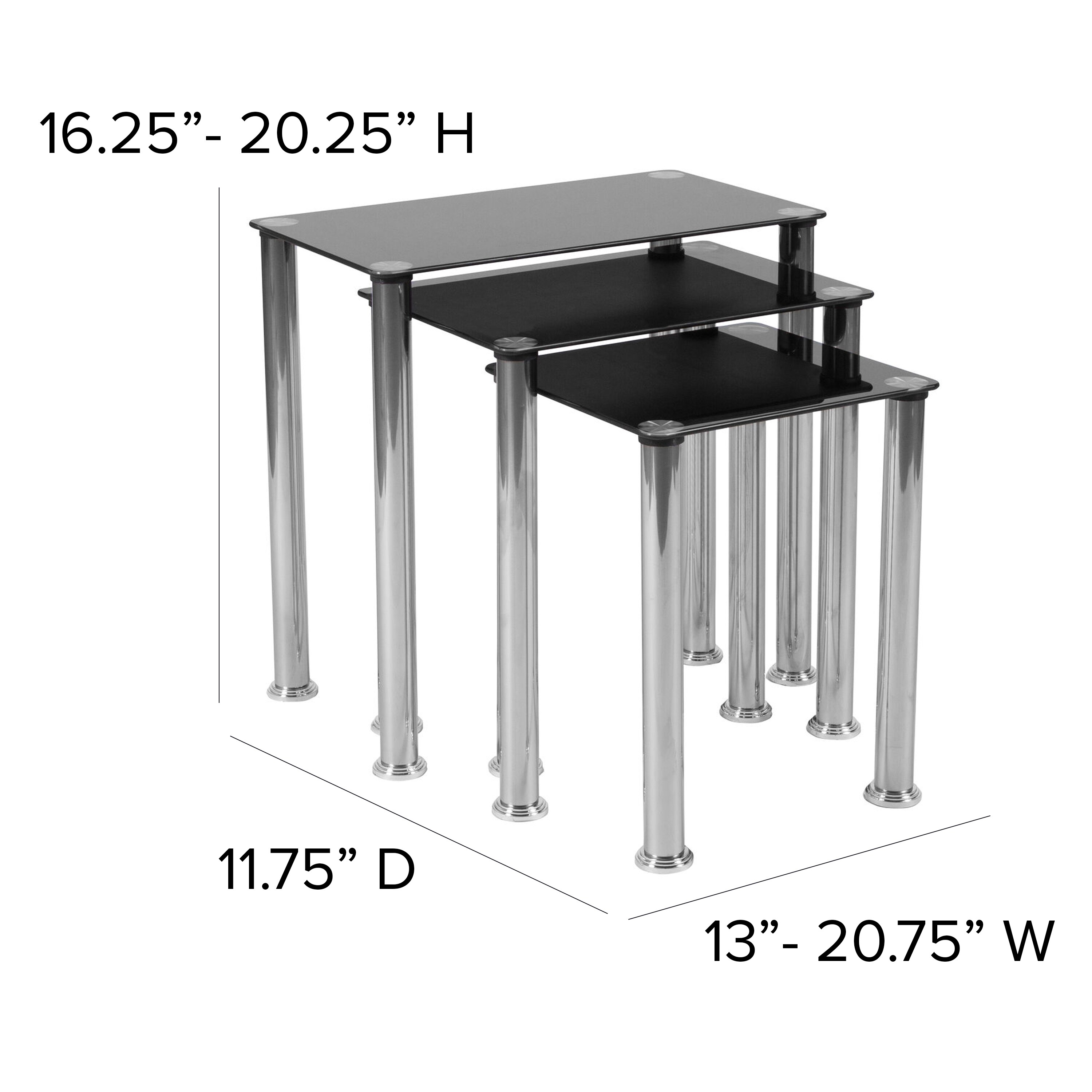 Flash Furniture Riverside Collection 3 Piece Coffee and End Table Set with Black Glass Tops and Stainless Steel Frames