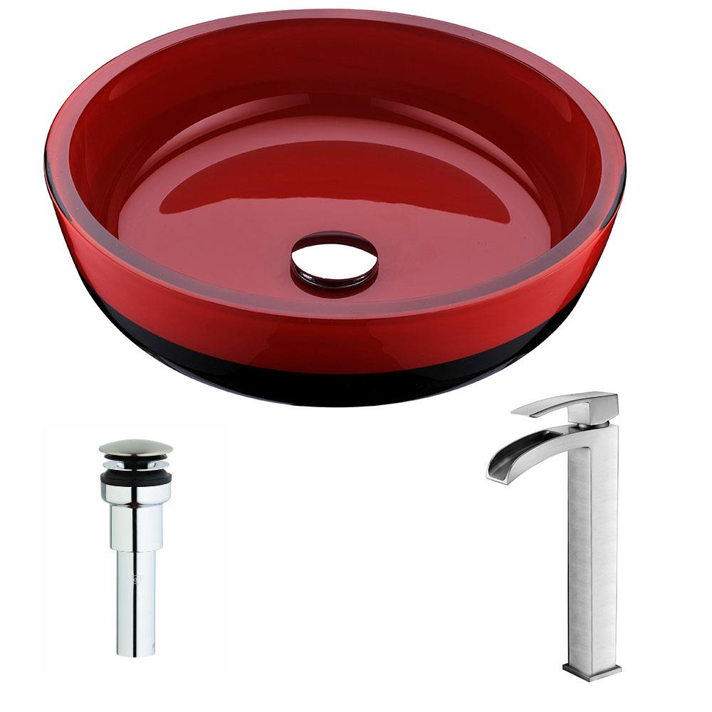 ANZZI Tone Modern Tempered Glass Vessel Sink and Faucet Combo in Lustrous Red LS-AZ030 Round Bowl Sink with Matching Waterfall Faucet Set Bathroom Sinks Above Counter and Vessel Sink Faucet