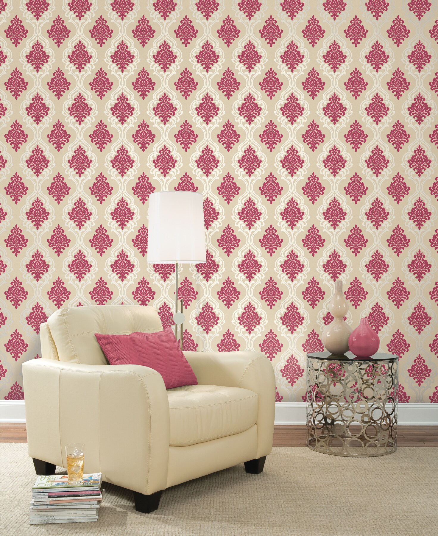 Brewster Wallcovering Elements 56 Sq Ft Pink Grey Non Woven Damask Unpasted Paste The Wall