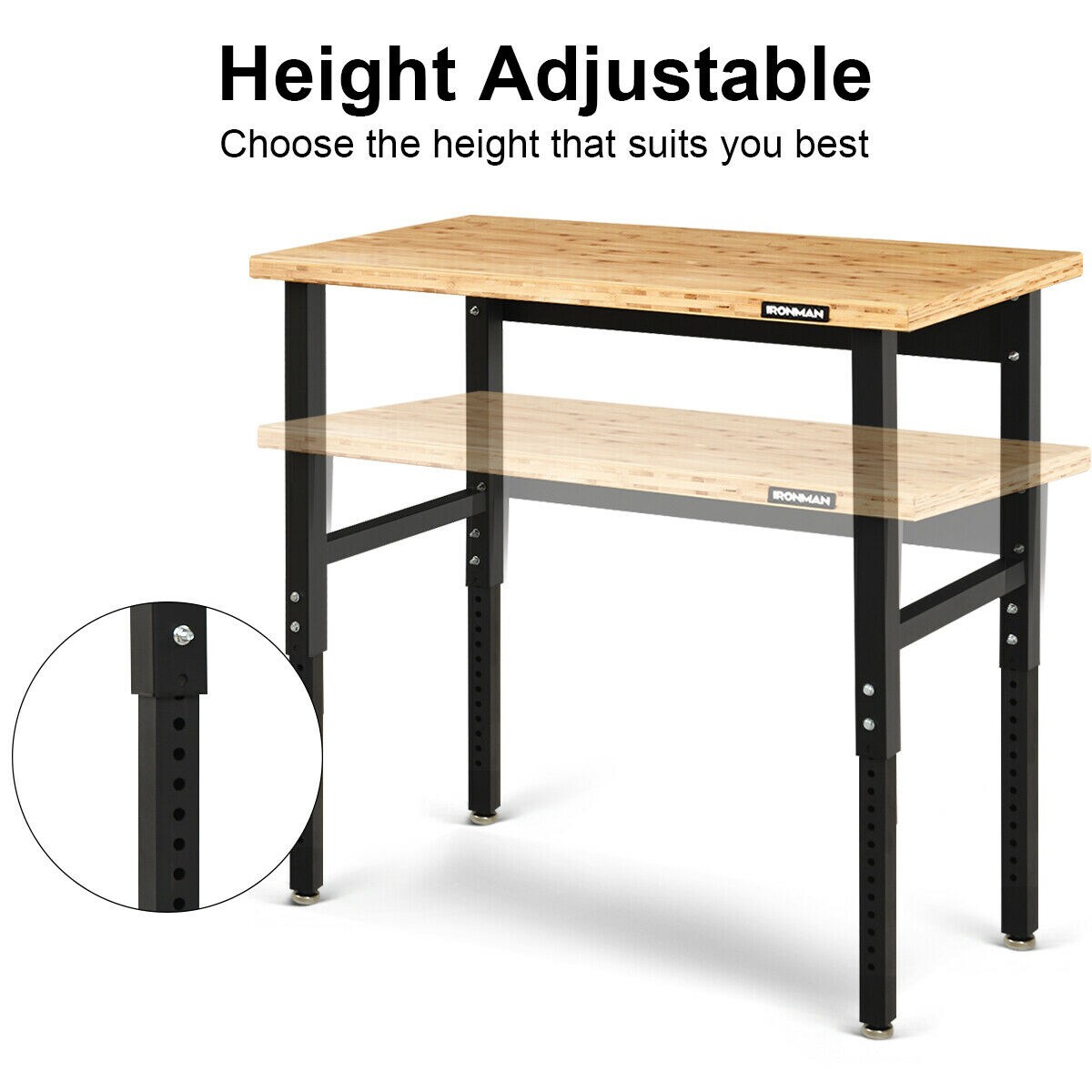 Details about   48" Adjustable Height Workbench Bamboo Top Steel Frame Heavy-duty Garage Stable 