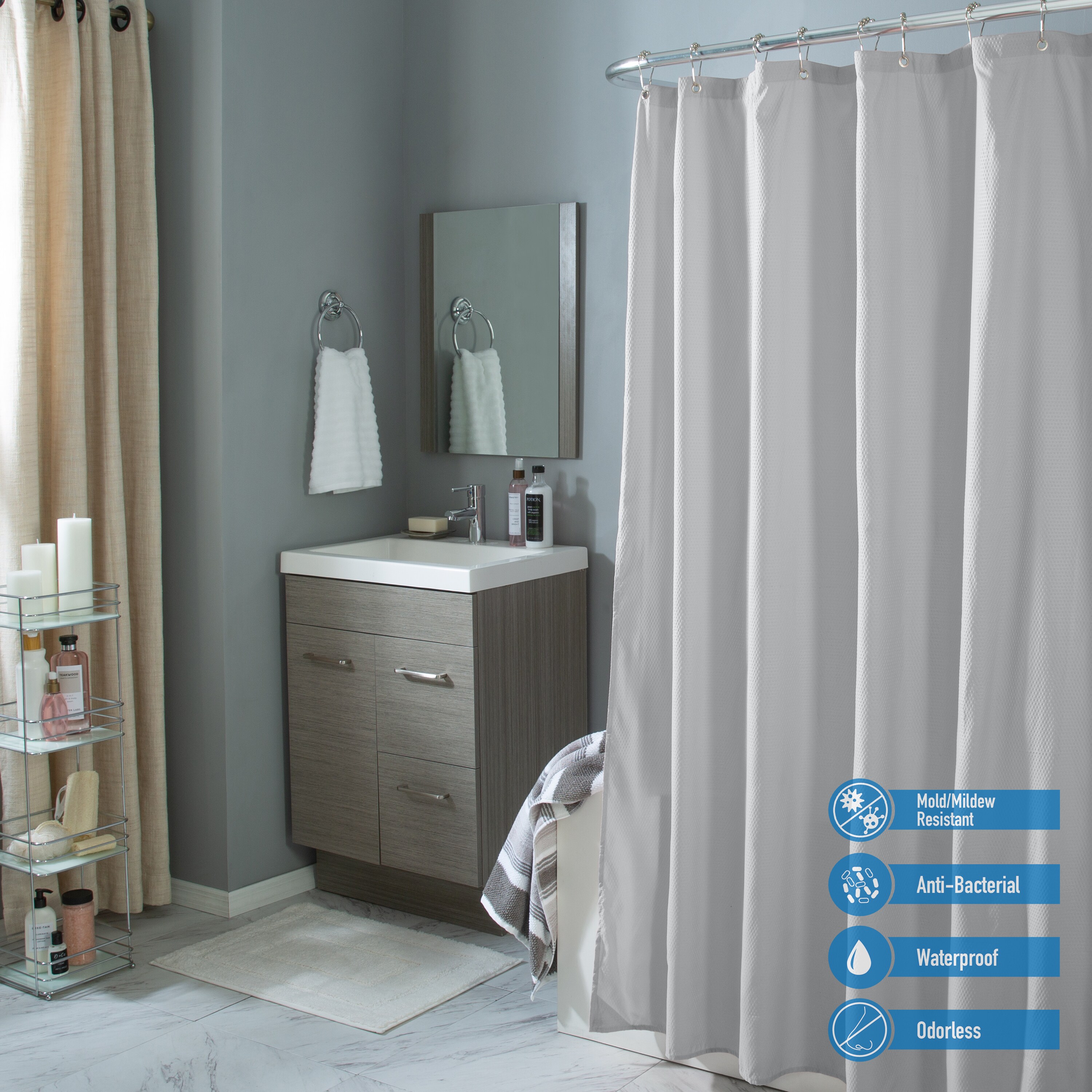 Sfoothome Solid White Hookless Shower curtain,Mildew Proof and Waterproof Fabric 