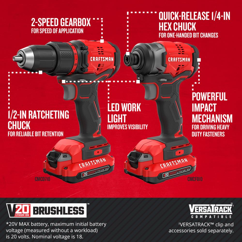 Craftsman 1/2in Drill & 1/4in impact Driver 2 pc cordless tool combo kit 20v MAX