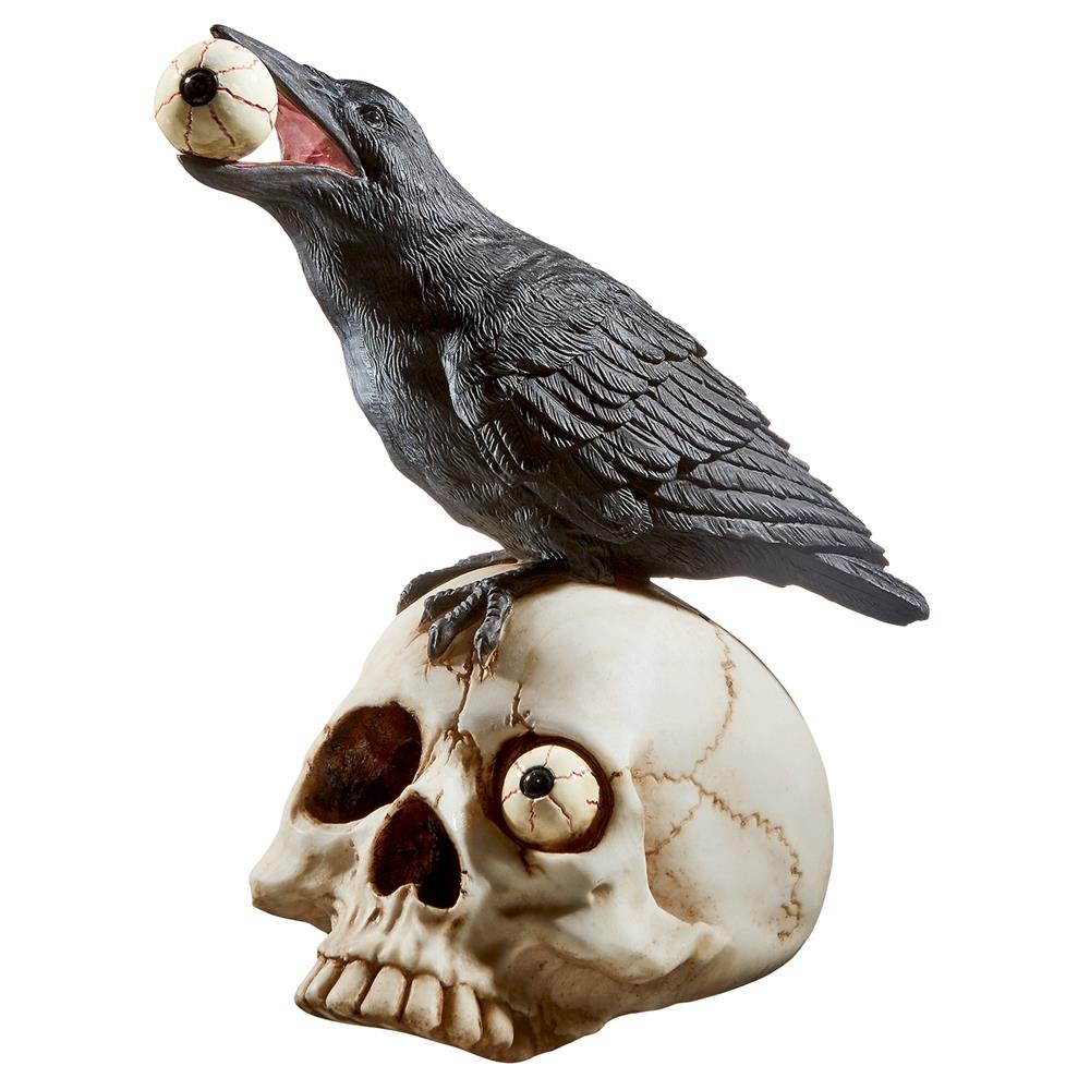 5 Inch Halloween Black Raven on Skeleton Skull Statue Figurine 