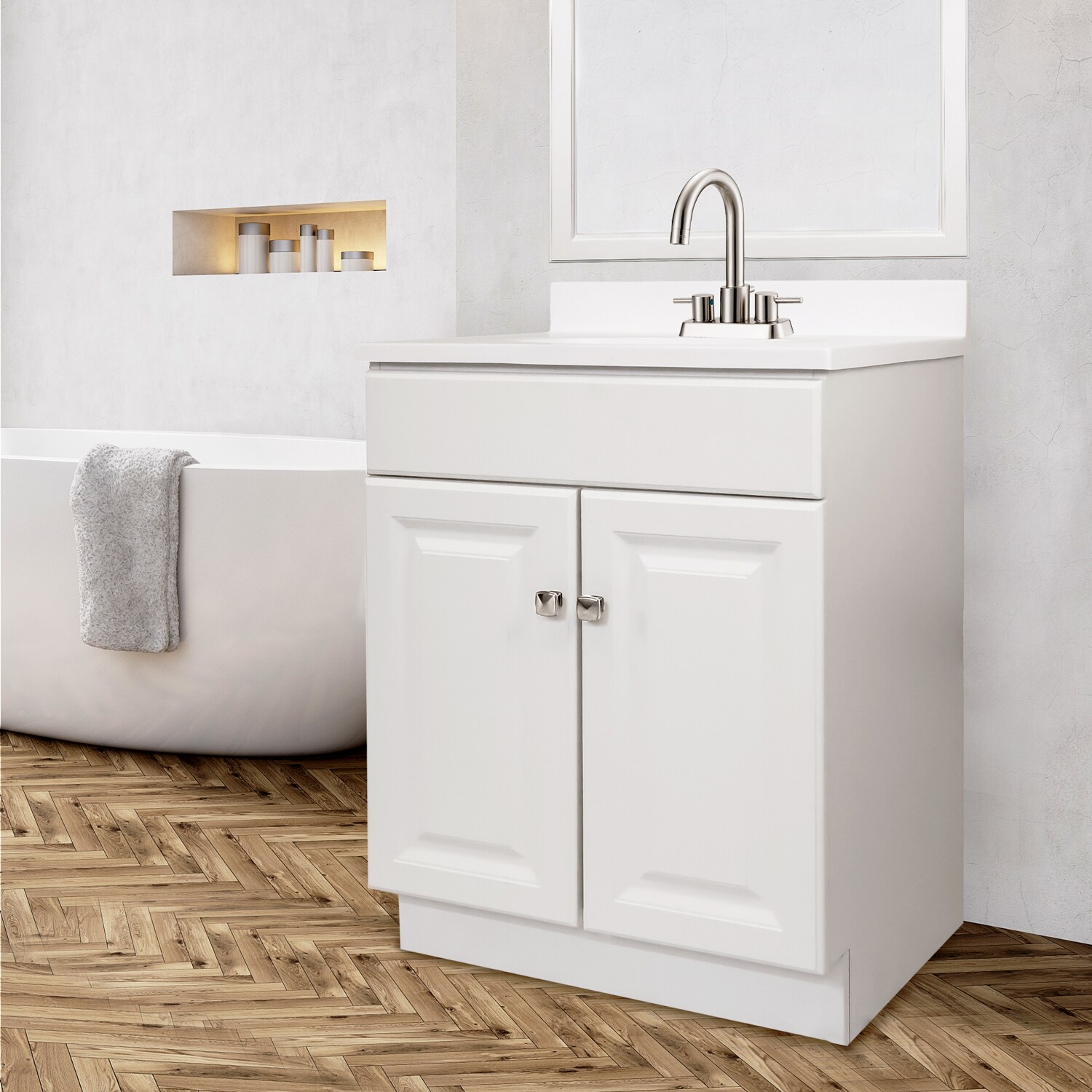 Design House Eastport Satin Nickel 2-handle 4-in centerset WaterSense Mid-arc Bathroom Sink Faucet