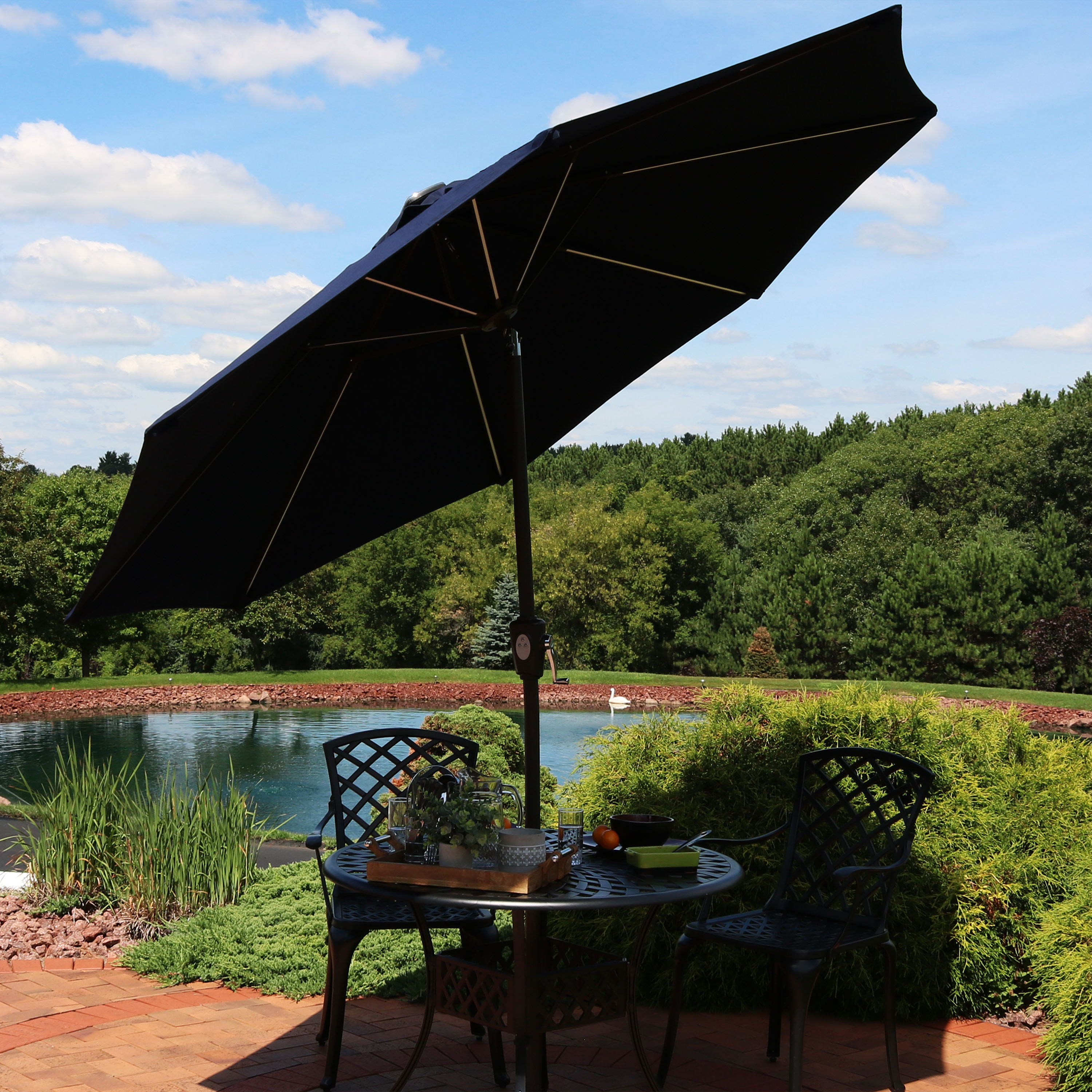 Pacific Blue Sunnydaze 9' Outdoor Aluminum Sunbrella Patio Umbrella Solar LED 