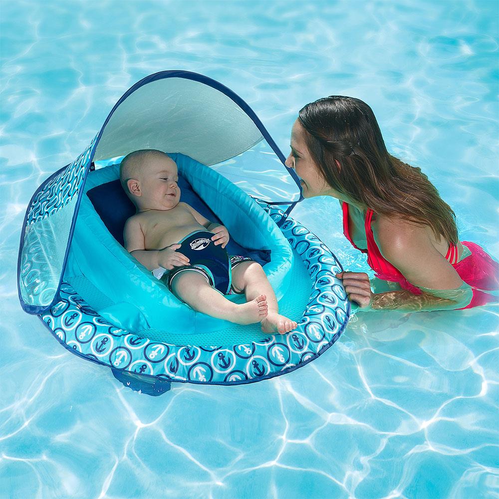 Baby Pool Float w/Safety Spring Adjustable Canopy BLUE w/CARRY TOTE 50+UPF NEW 