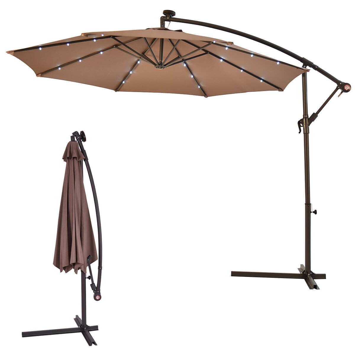 10' Hanging Solar LED Umbrella Patio Sun Shade Offset Market W/Base Tan for sale online 