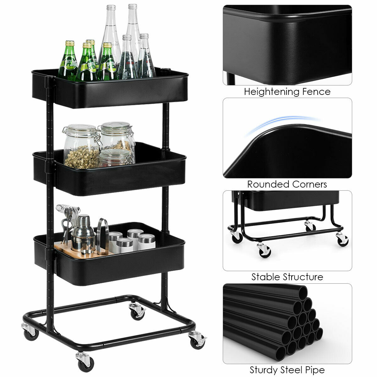 Rolling Metal Organization Cart with Handle and Lockable Wheels Storage Shelves-Black 3 Tier Home Kitchen Mesh Utility Cart