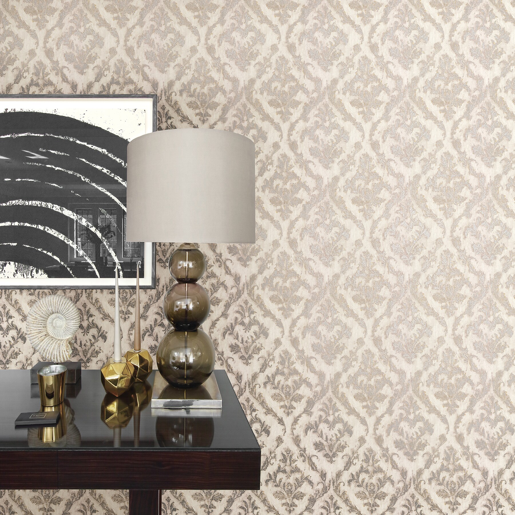 Wallpaper Designer Light Taupe and Gold Block Print Damask on Taupe Gray Faux 