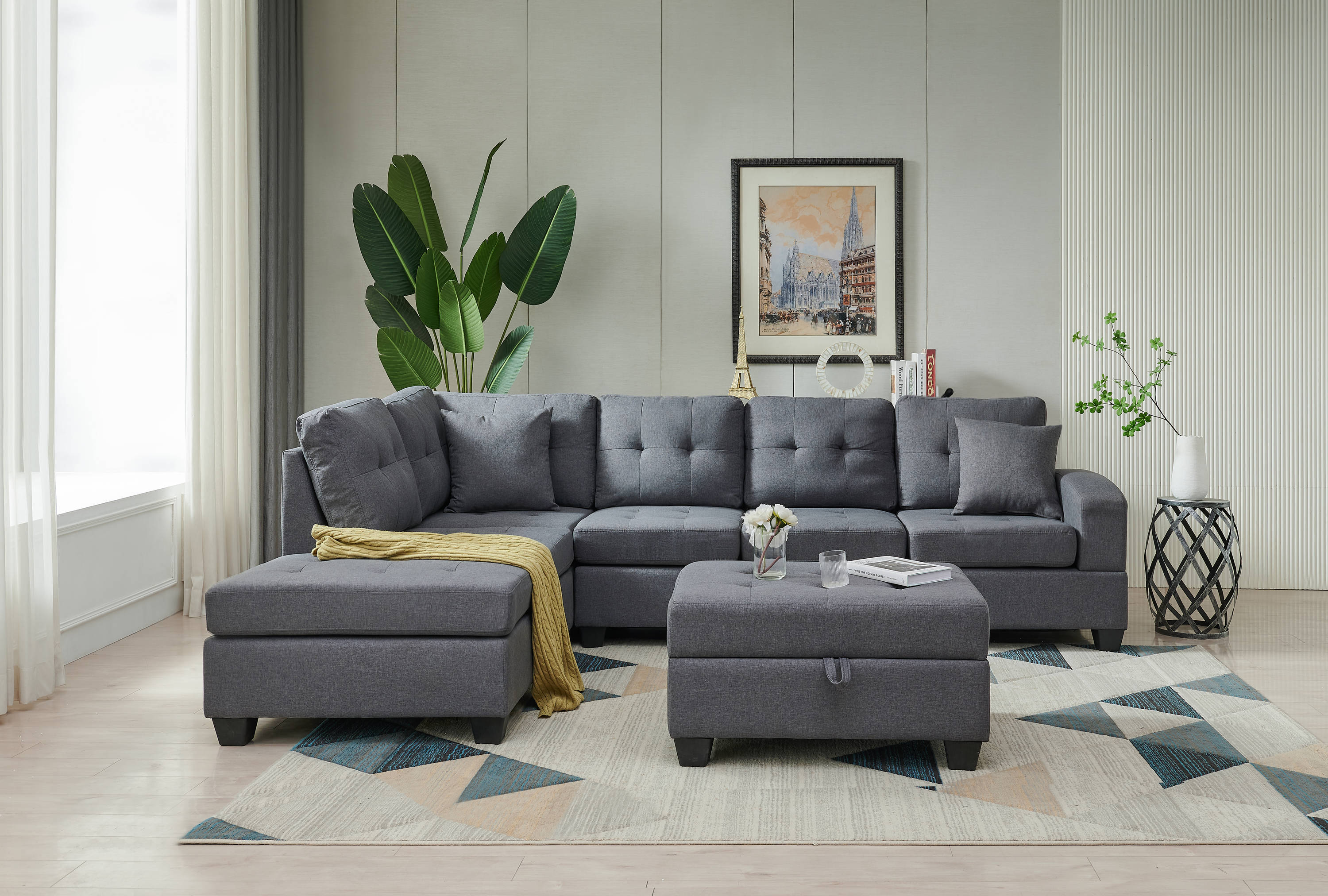 L-Shaped Sectional Sofa Living Room 3 Piece Couch Set with Reversible Chaise Lounge Rivet Storage Ottoman and Two Cup Holders Grey