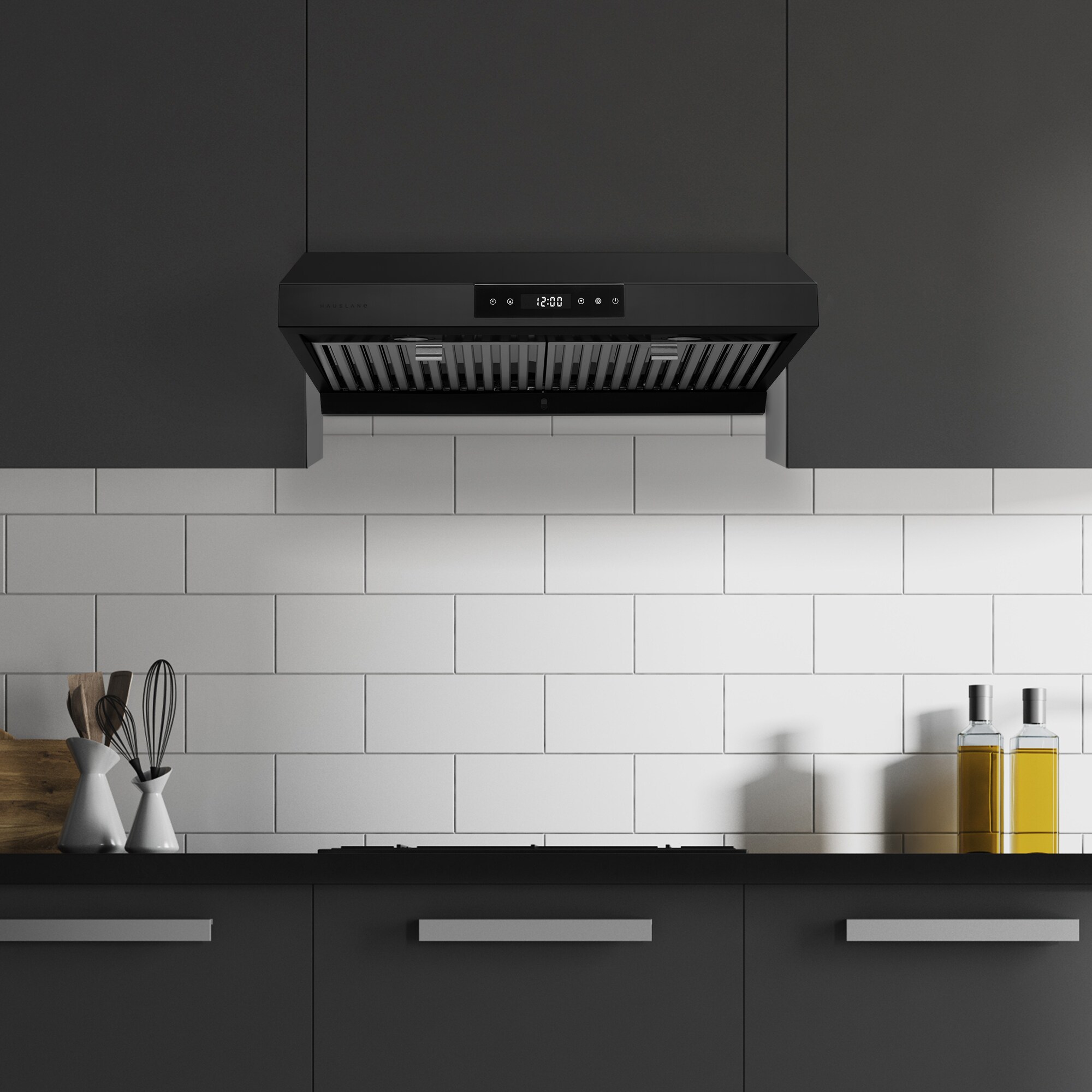 Chef Series 30 PS18 Under Cabinet Range Hood LED Lamps Pro Performance Touch Screen Contemporary Design 860 CFM Matt Black Dishwasher Safe Baffle Filters 3-Way Venting Hauslane