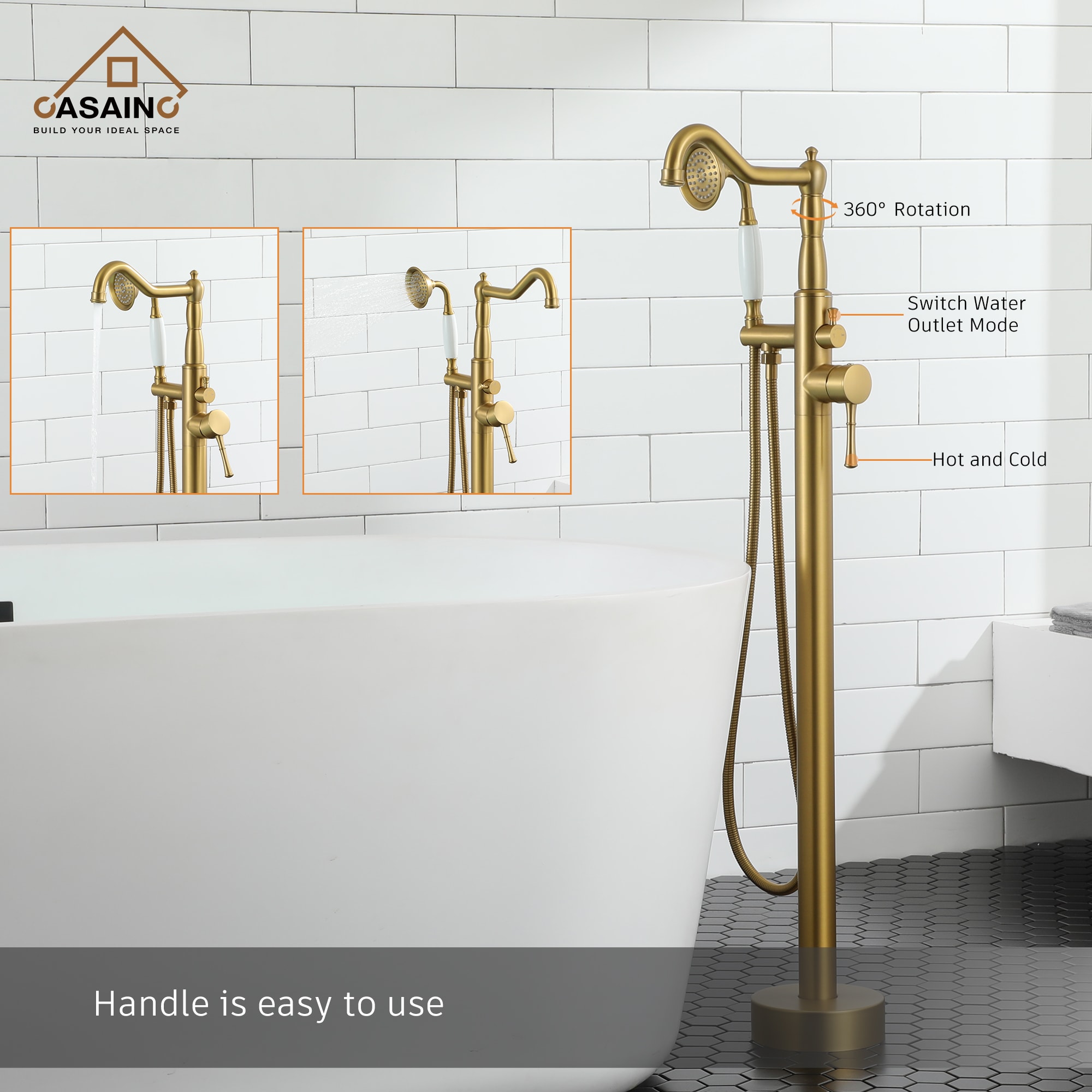 CASAINC Brushed Brass 1-handle Residential Freestanding Bathtub Faucet ...