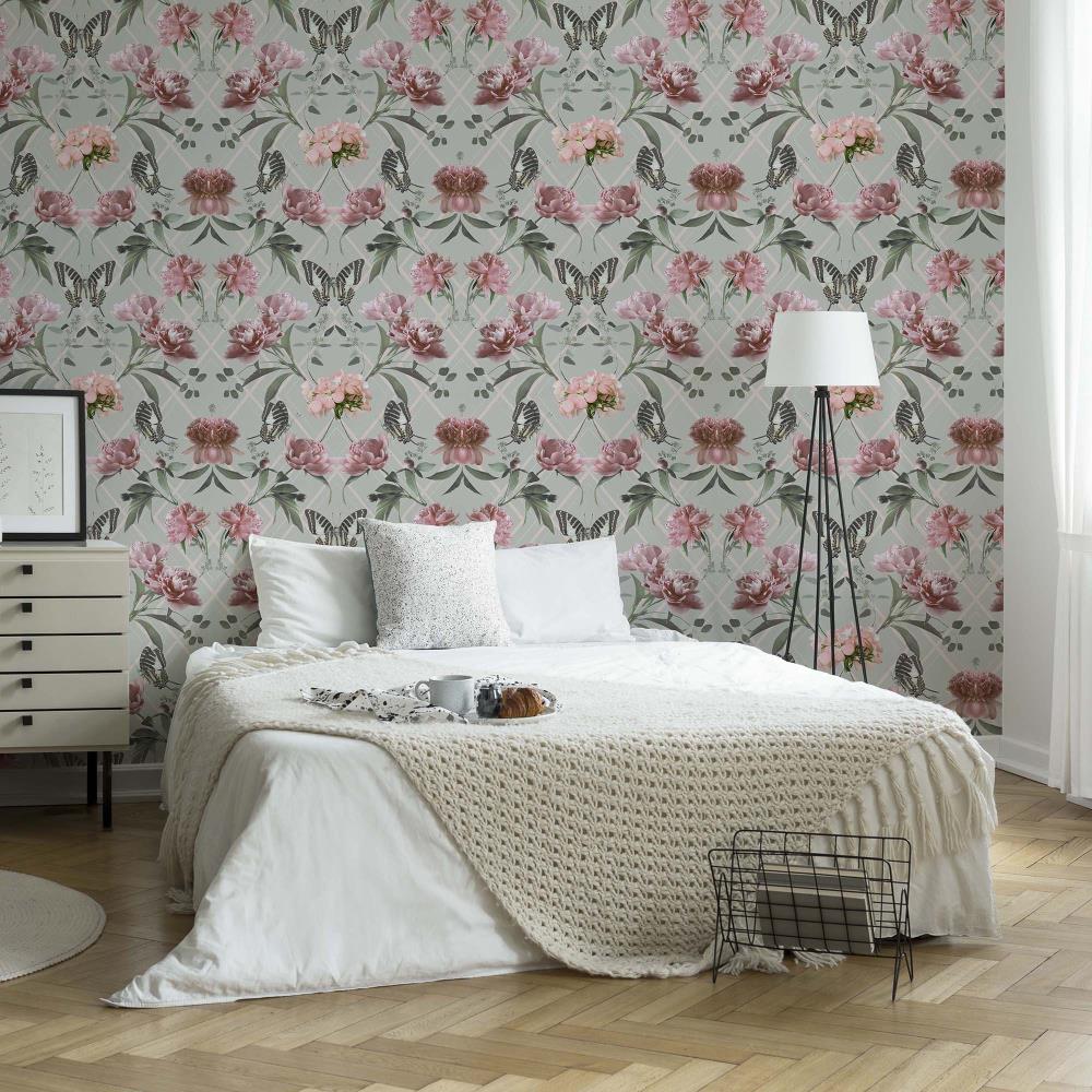 Sublime Botanical Trellis Grey and Pink Removable Wallpaper in the