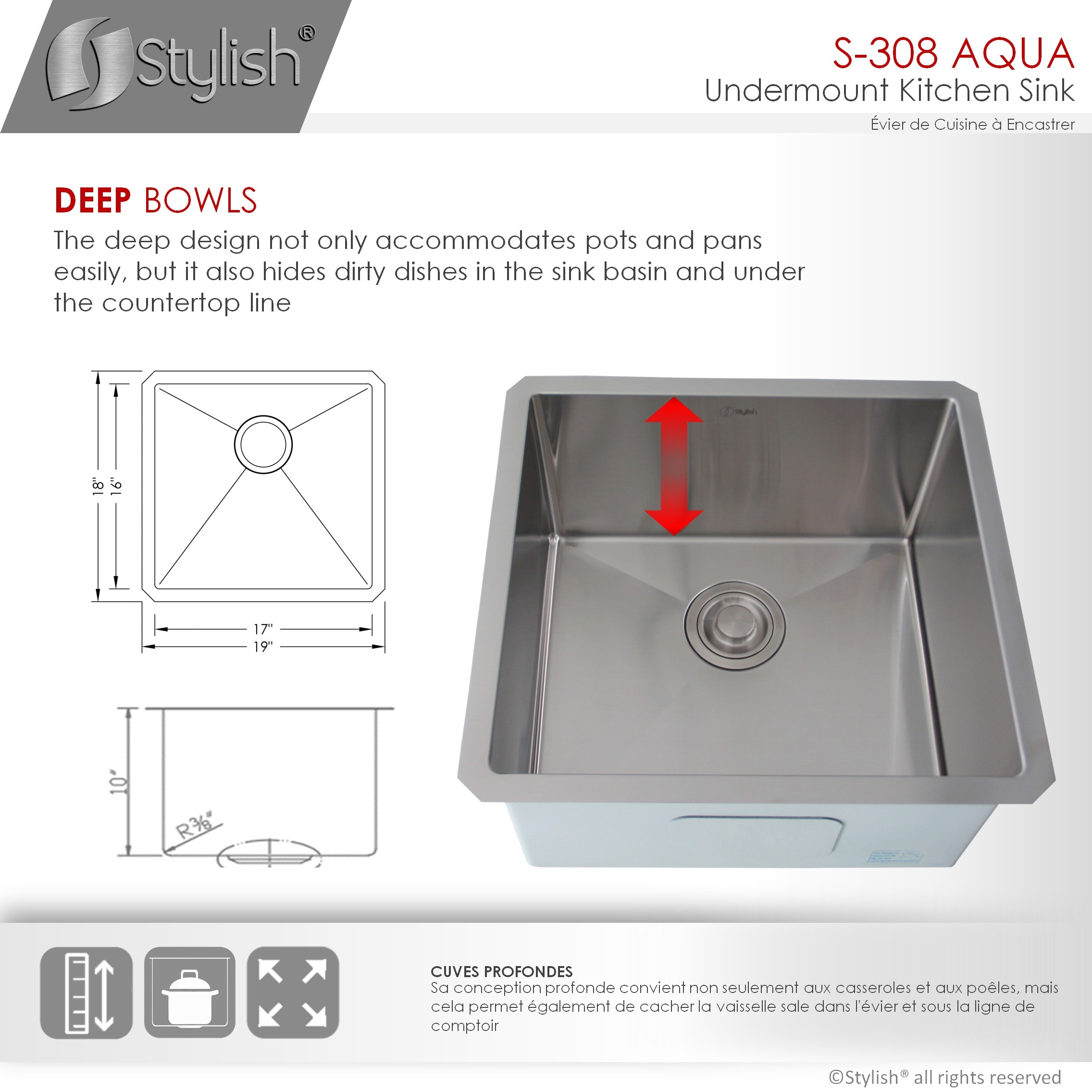 Stylish Styluxe Undermount 25 in x 25 in Brushed Satin Single Bowl Kitchen  Sink