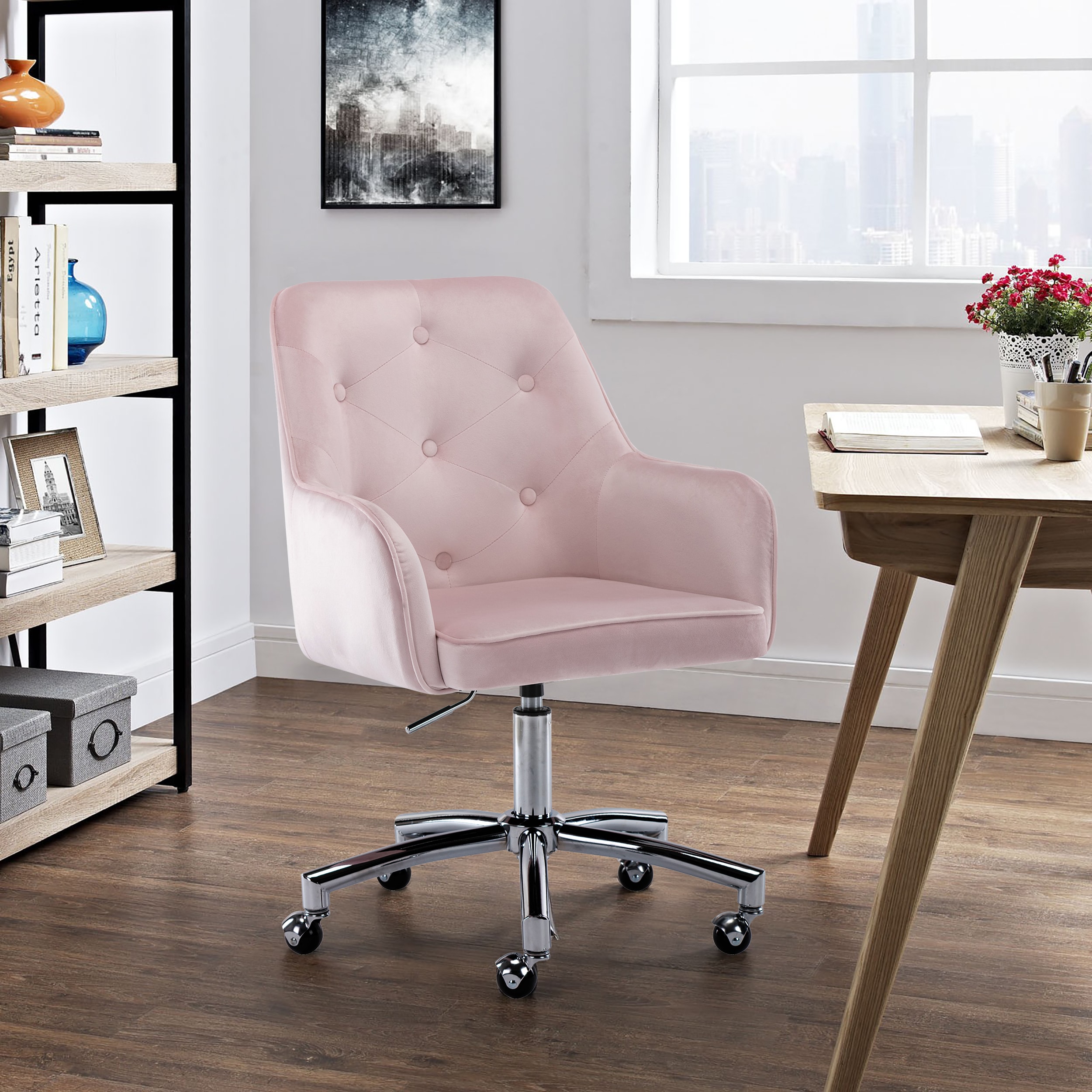Light Luxury Velvet Office Chair Swivel Pink Computer Desk Chair Petal Back GD 