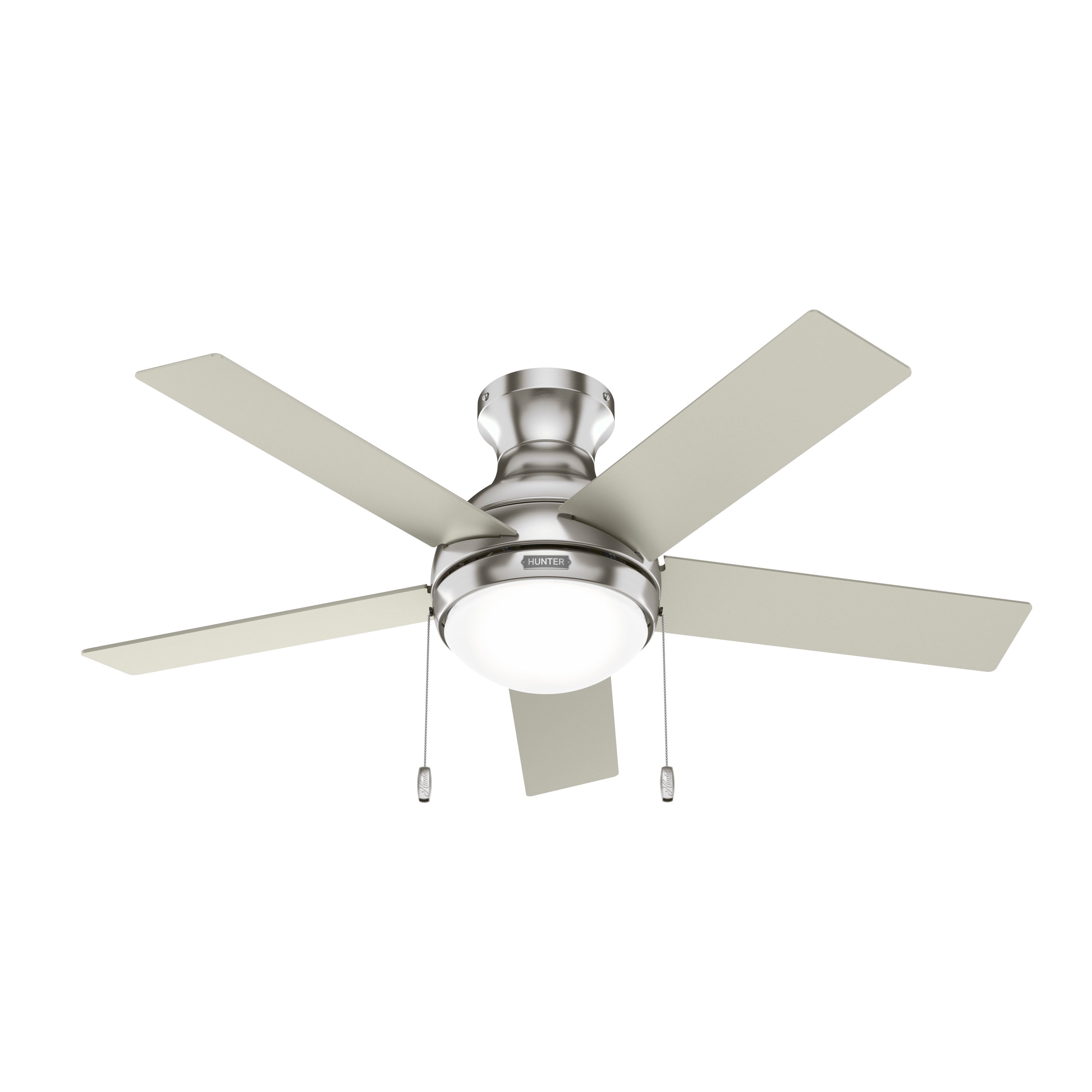 44" Hunter Ceiling Fan in Brushed Nickel with Cased White Glass Light Kit 