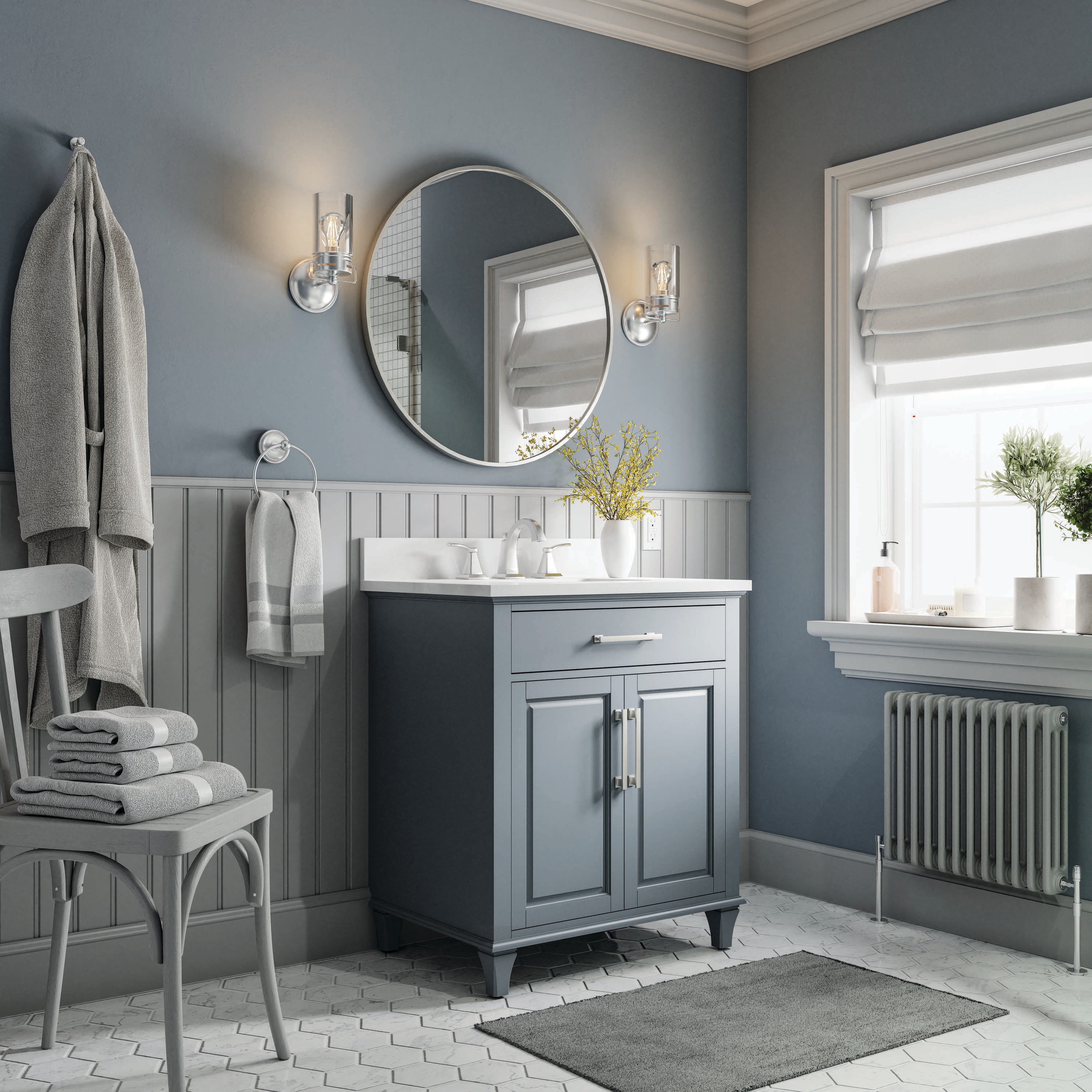 Photo 1 of allen + roth Brookview 30-in Slate Blue Undermount Single Sink Bathroom Vanity with Carrara Engineered Marble Top