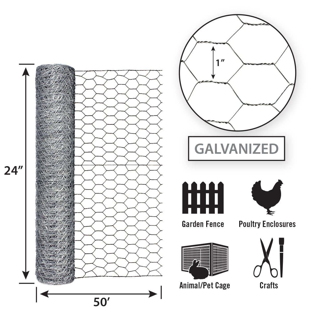 rolls G & B 308415B 12" x 50' 2 1" Mesh Poultry Netting Chicken Wire Fencing 