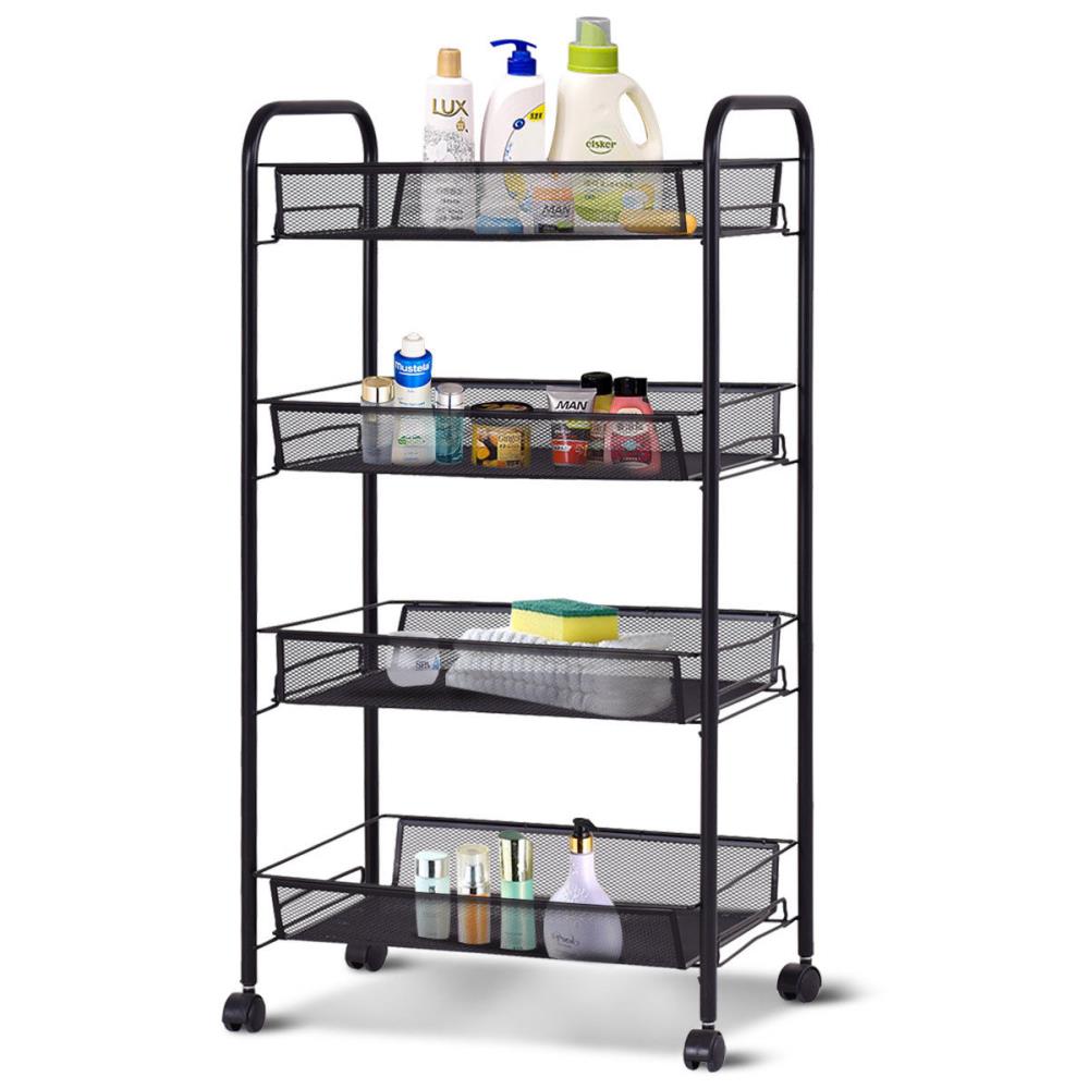 Black 4 Tier Rolling Kitchen Utility Trolley Storage Cart Shelf Baskets Shelves