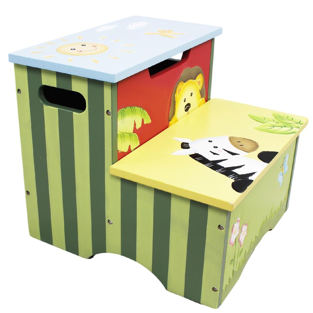 Sunny Safari Animals Thematic Kids Wooden Step Stool with Storage Fantasy Fields Lead Free Water-based Paint Imagination Inspiring Hand Crafted & Hand Painted Details   Non-Toxic