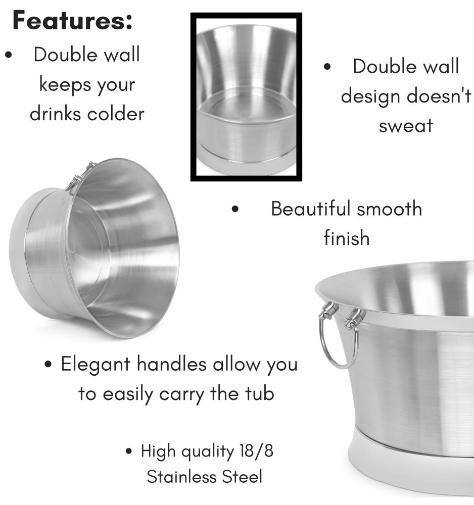 Small BirdRock Home Double Wall Round Beverage Tub Metal Drink Cooler Stainless Steel Handles Small Container Ice Bucket House Party