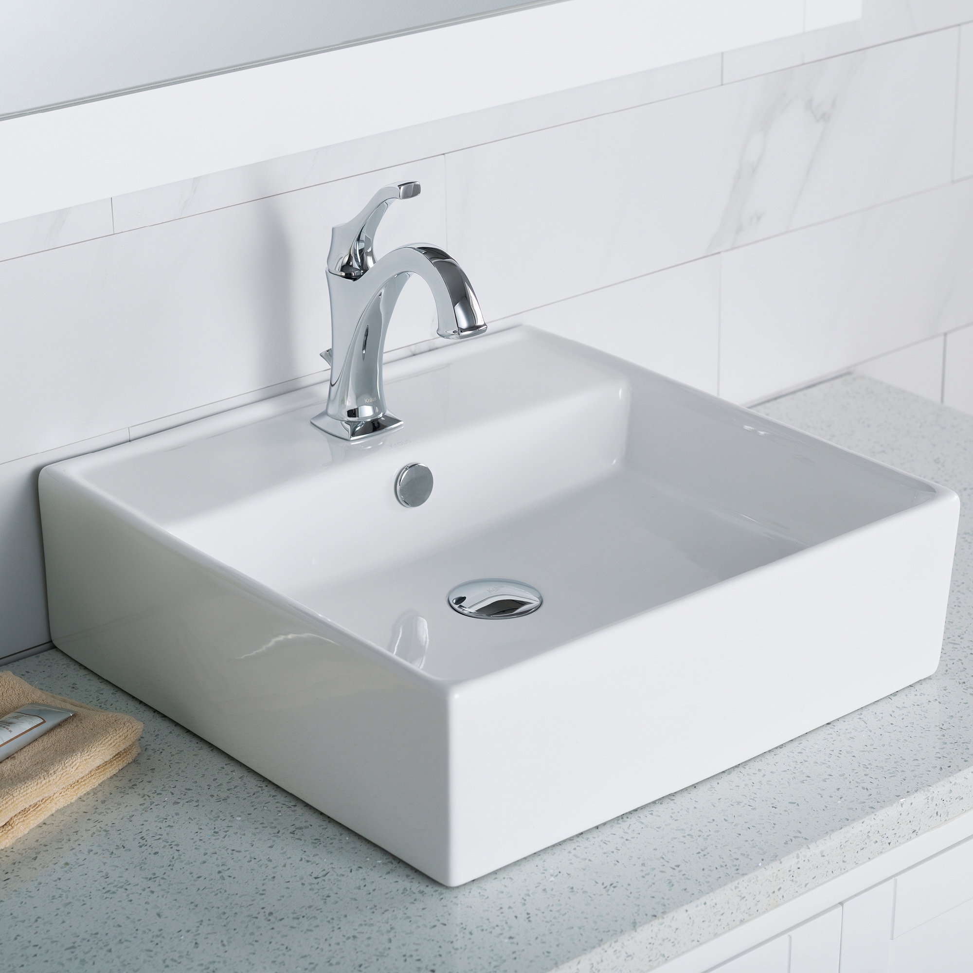 Kraus Elavo White Ceramic Vessel Square Modern Bathroom Sink with Overflow Drain (18.6-in x 18.6-in)