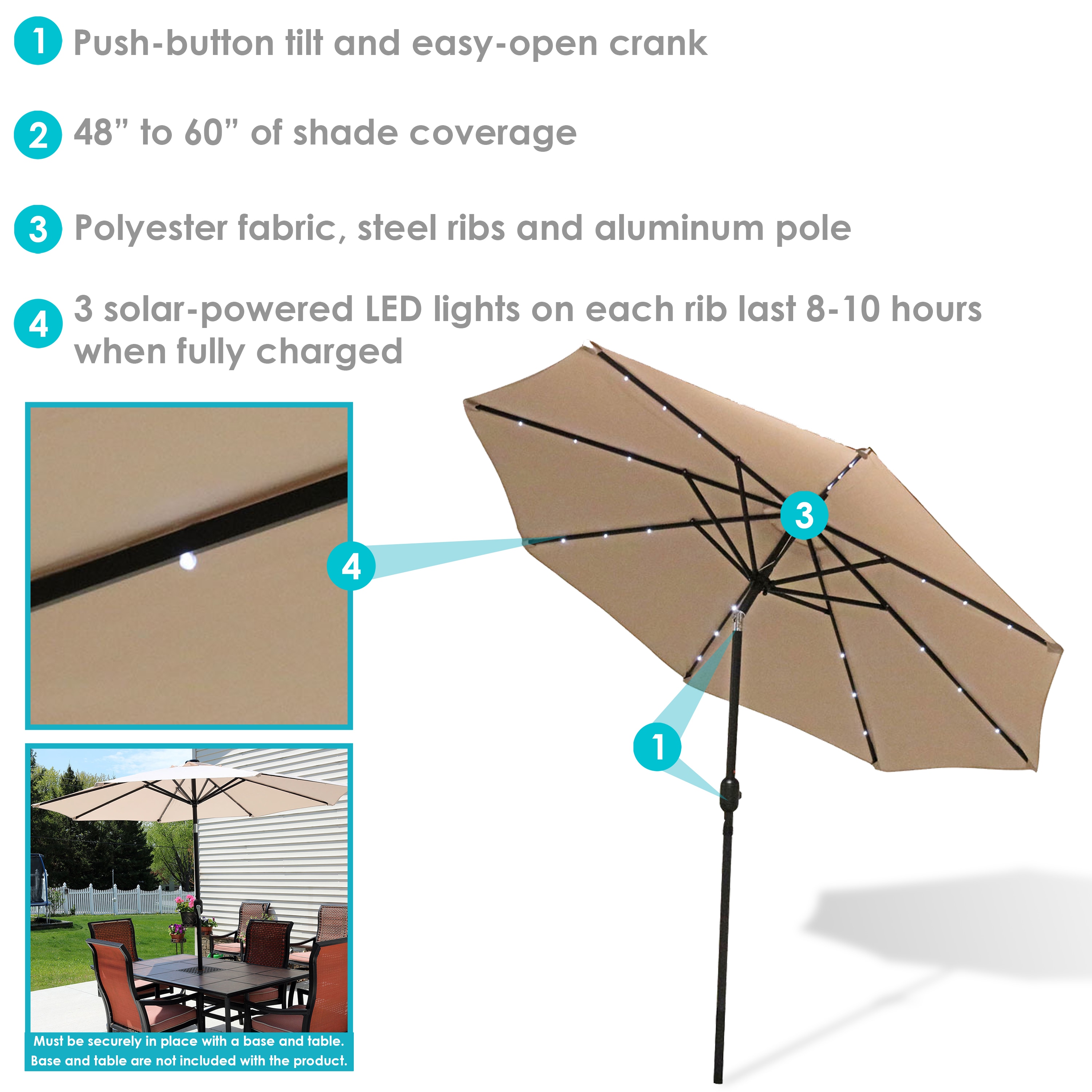 Light Tan Sunnyglade 9' Solar 24 LED Lighted Patio Umbrella with 8 Ribs/Tilt Adjustment and Crank Lift System