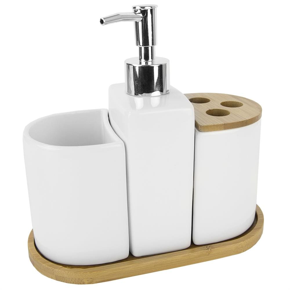 Details about   Home Basics 4-Piece Ceramic Bath Accessory Set with Bamboo Accents White 