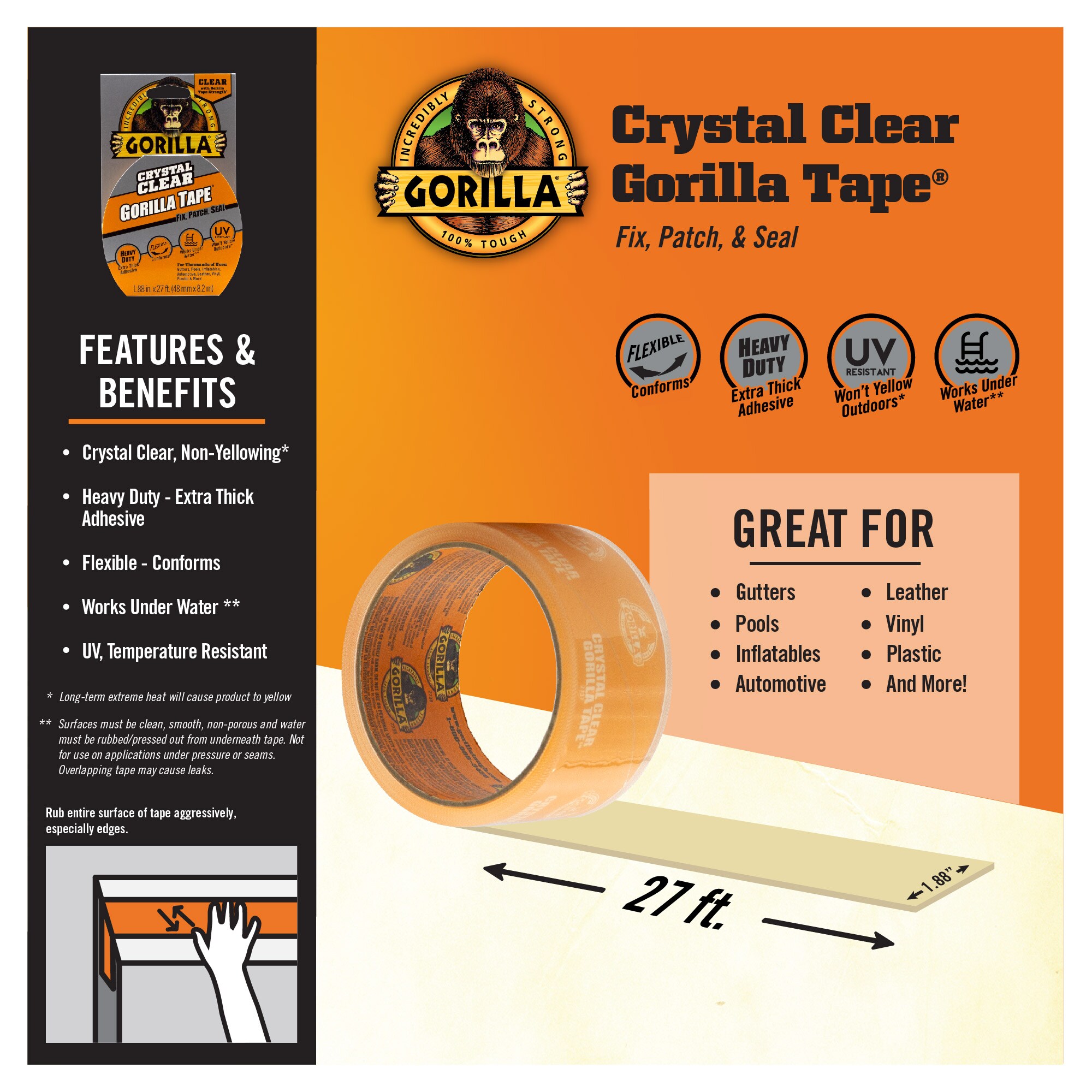 Clear, 1.88” x 9 yd Pack of 1 Gorilla Crystal Clear Duct Tape 