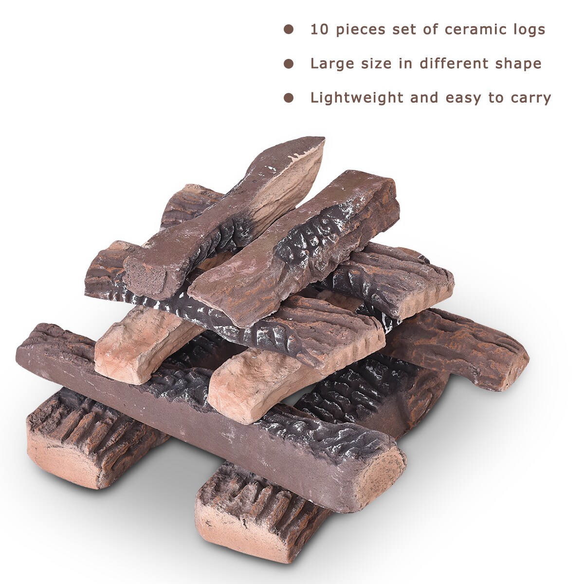 10 Large Pieces Ceramic Wood Logs for All Types of Gas Fireplace or Gas firepit 