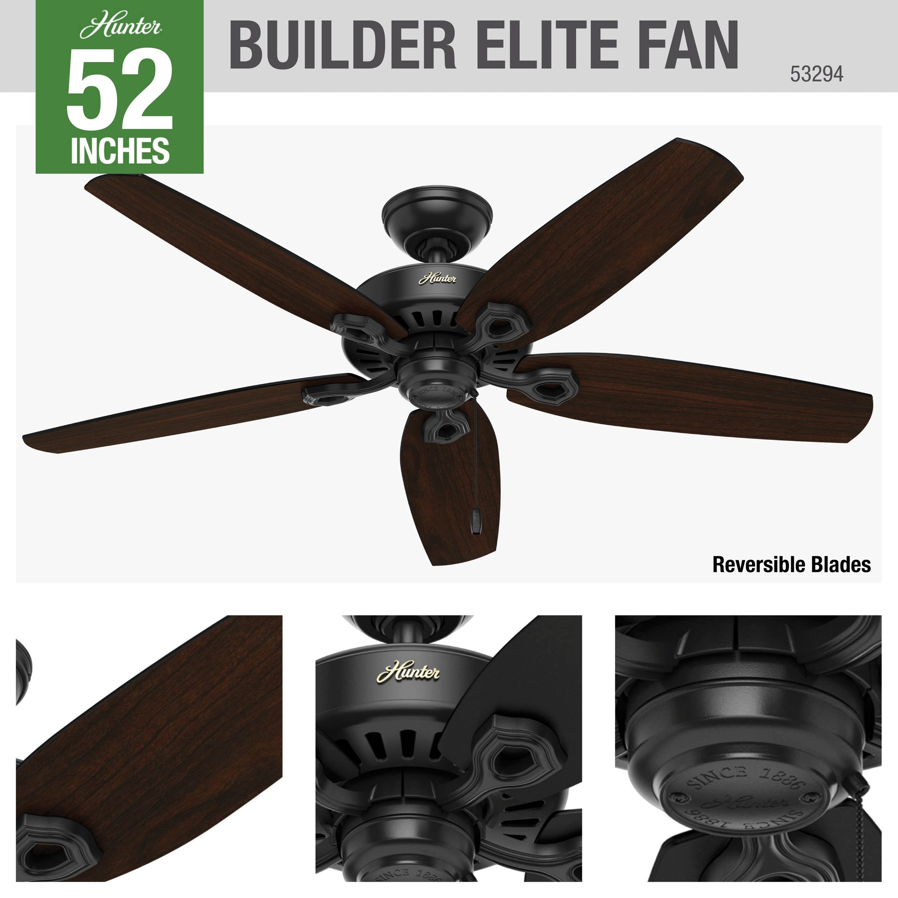 Matte Black Hunter Fan Company 53243 Builder Elite 52 Inch Home Ceiling Fan 