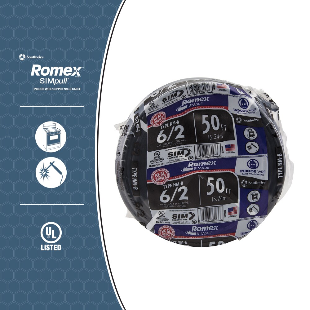 Southwire Romex SIMpull 50-ft 6/2 Solid Non-Metallic Wire (By-the-Roll ...