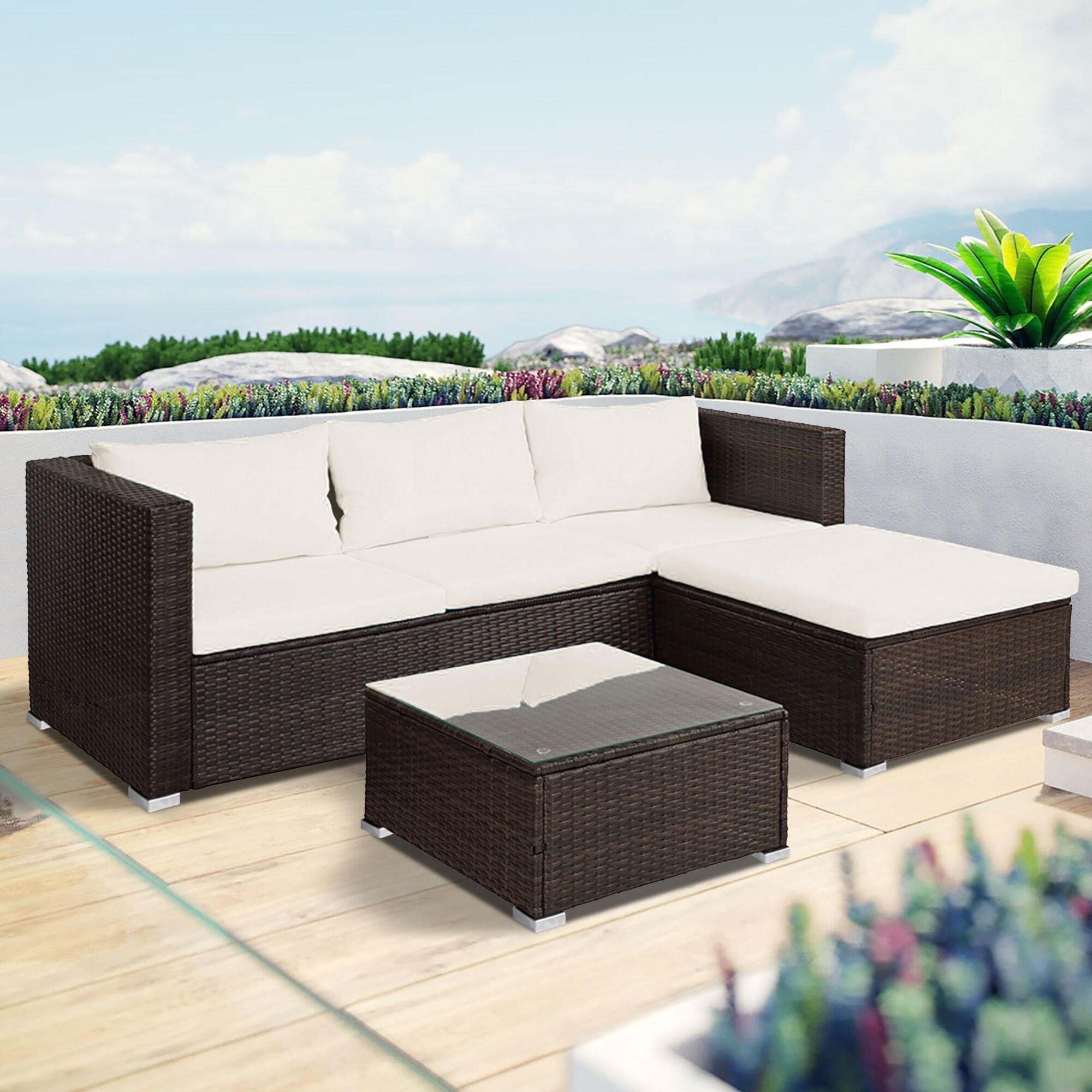 Patio Furniture Set Outdoor 4Pcs Sofa Garden Conversation Modern Tea Table 