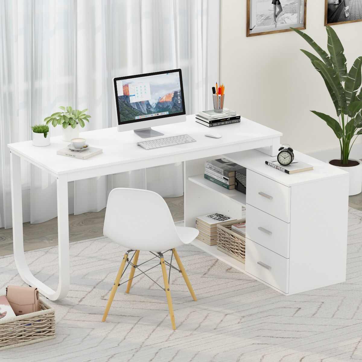 Fufu A Shaped Executive Desk 55 1 In White Modern Contemporary Hutch Included The Desks Department At Lowes Com