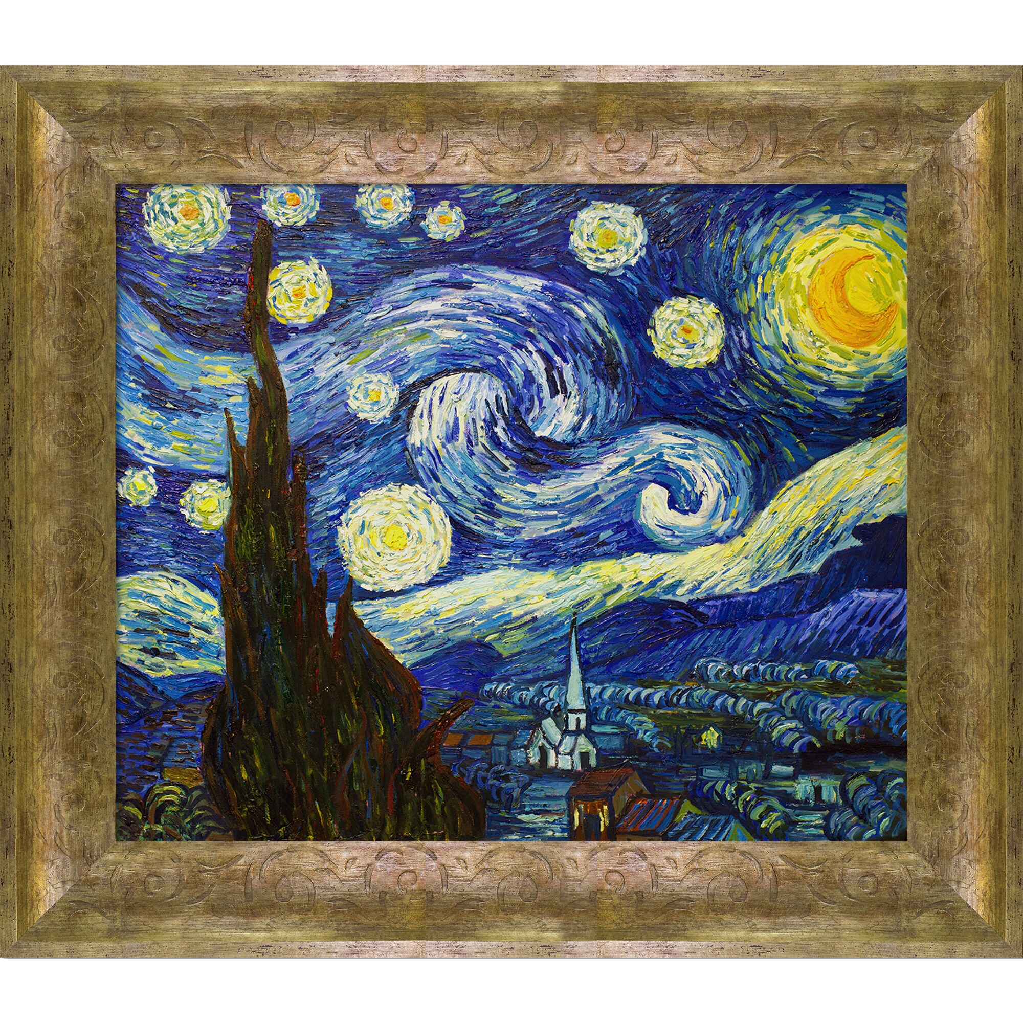 Multi-Color La Pastiche Hand Painted Oil on Canvas Starry Night by Vincent Van Gogh Framed 41.25 x 29.25 