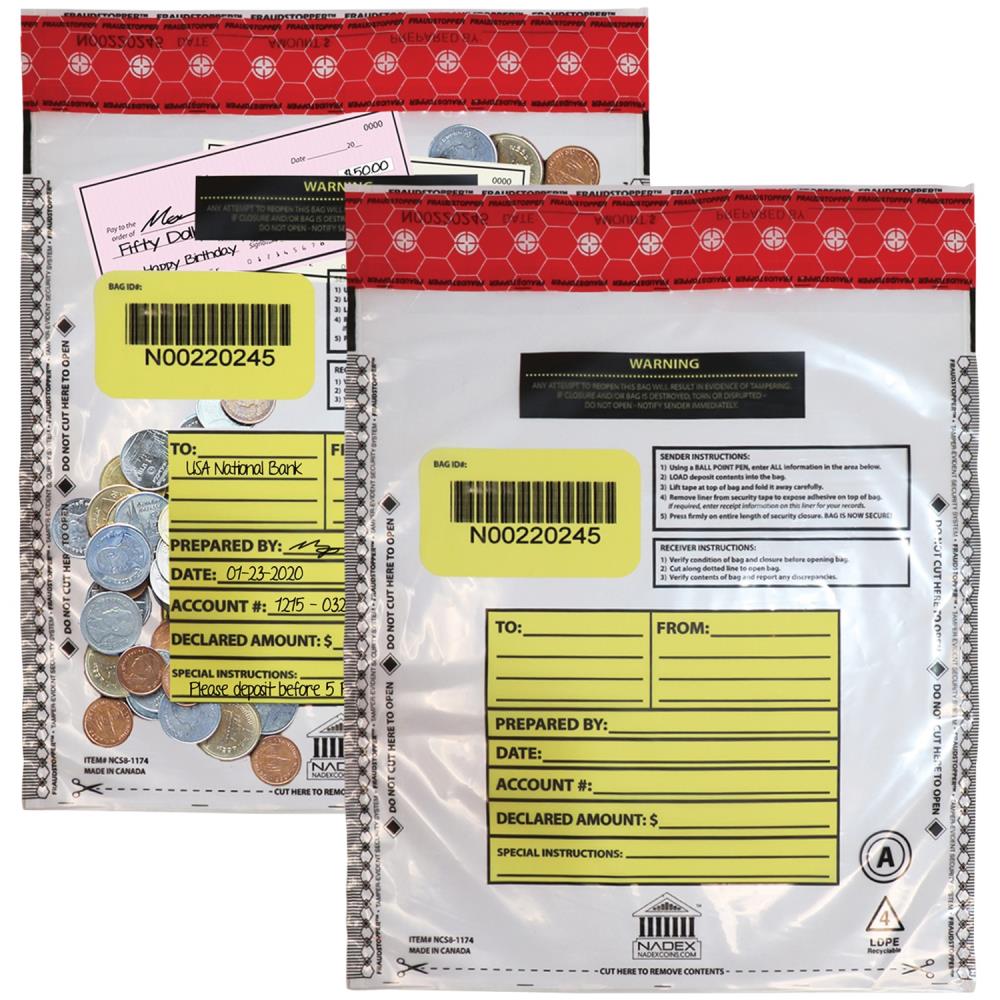 Clear 50 Pack Nadex 9 x 12 Inch Tamper Evident Bank Deposit Bags with FRAUDSTOPPER Level 4 Security