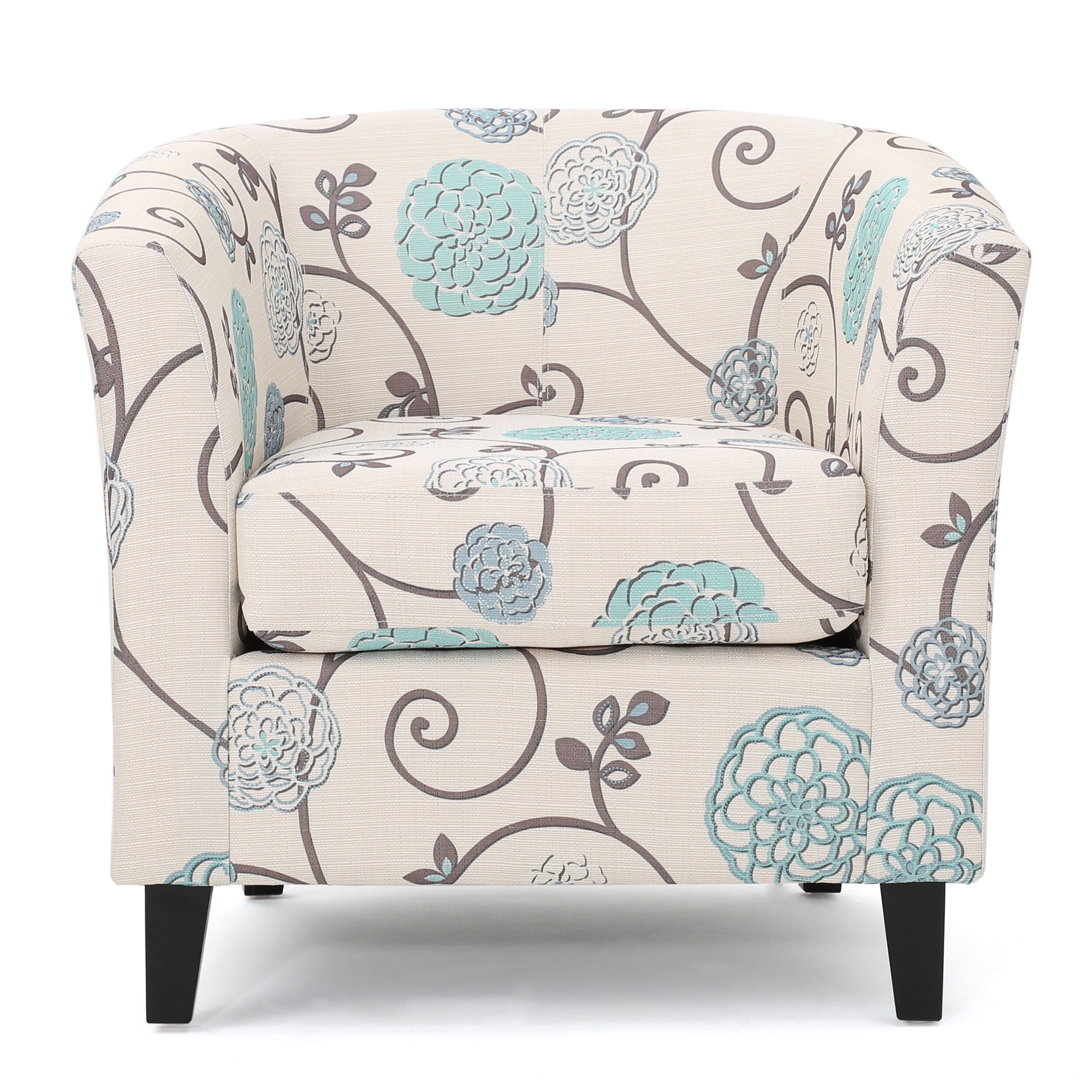 blue and white barrel chair