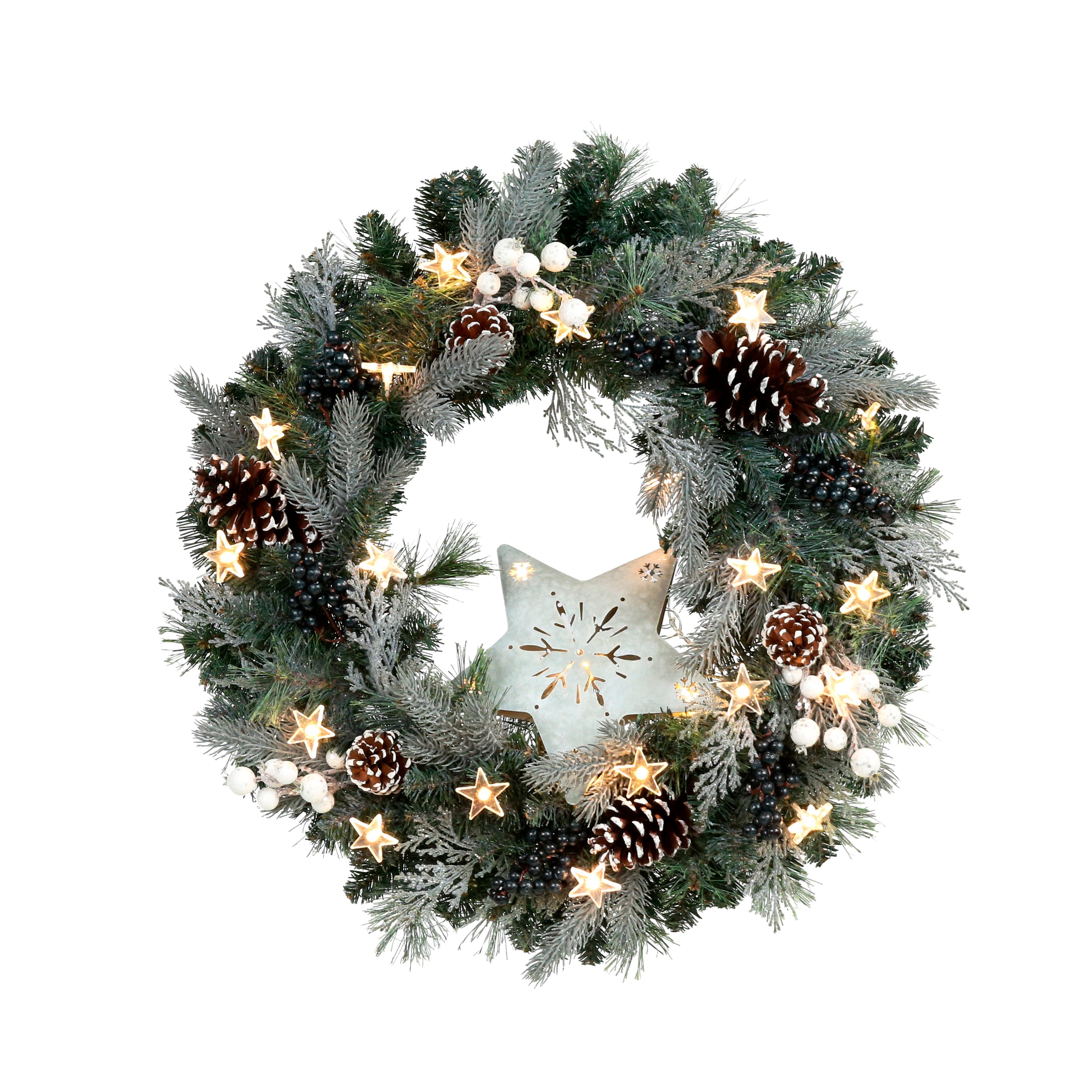 Decorated with Muti-Finish Ball Ornaments Valery Madelyn 51cm Large Pre-Lit Frozen Winter Silver Blue Green Christmas Wreath with Remote Timer 8 Modes 20 LED Lights Battery Operated 