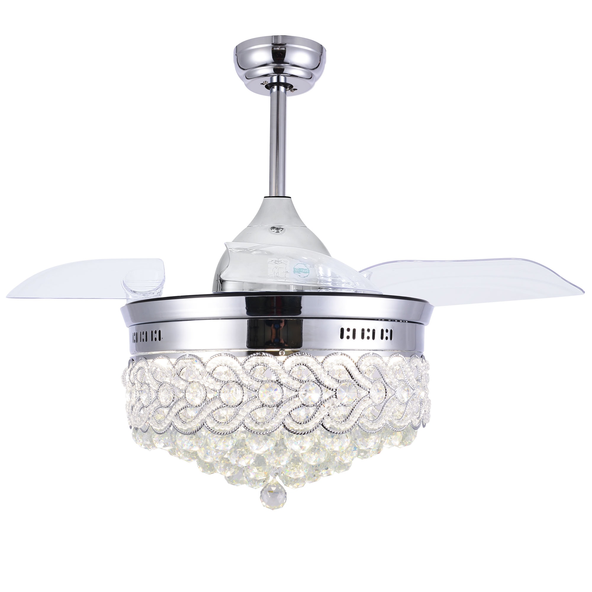 42" Retractable LED 3-Color Change Ceiling Fan Light Crystal Chandelier w/remote 
