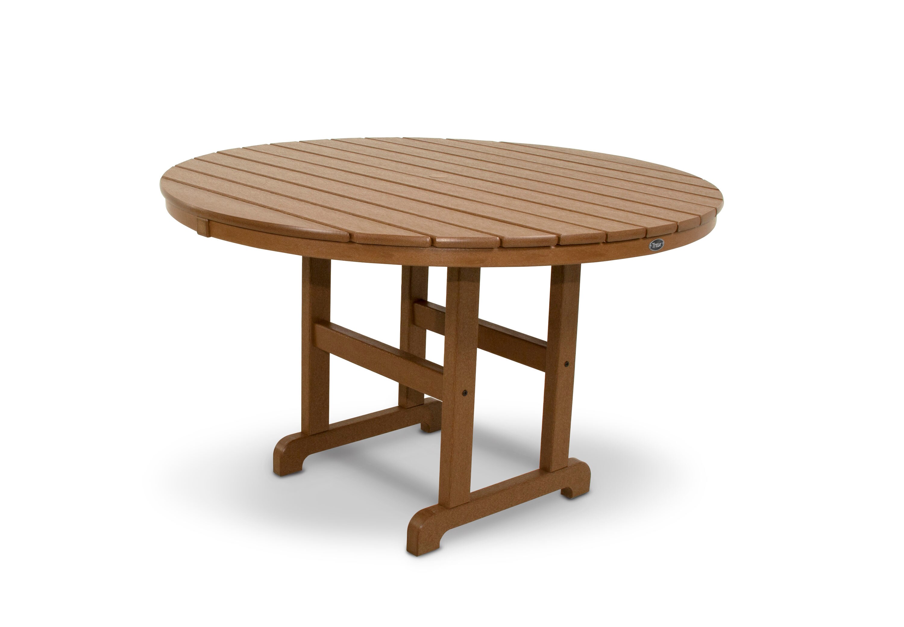 brown outdoor dining table with umbrella hole