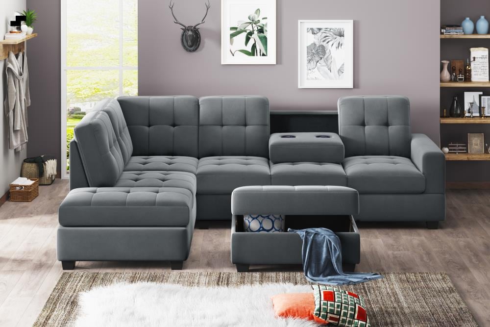 Grey kupet Reversible Sectional Sofa for Living Room with Soft Suede Fabric Chaise Lounge and Storage Ottoman