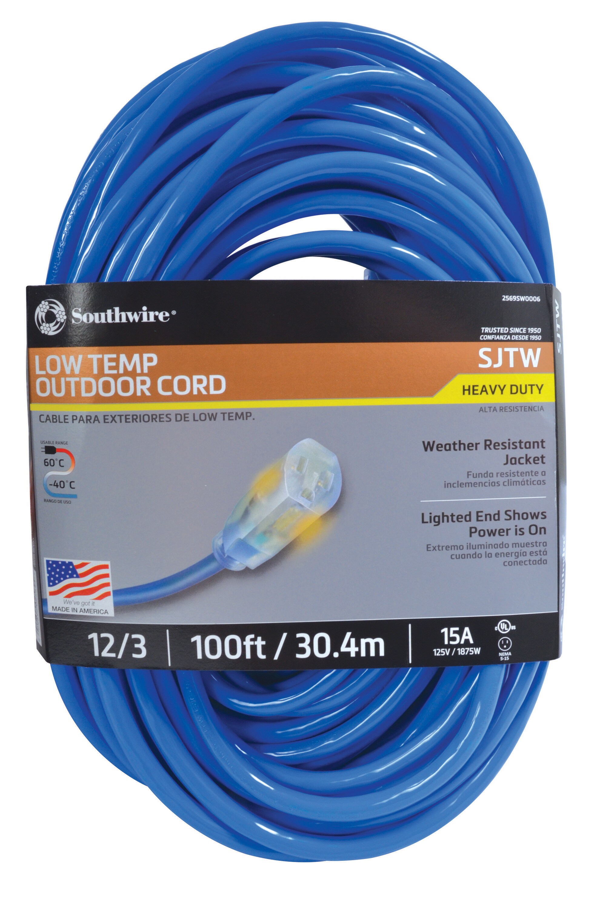12 3 100ft In/Outdr 100' 12/3 Lighted Heavy Duty 3 Outlet SJTW Extension Cord 