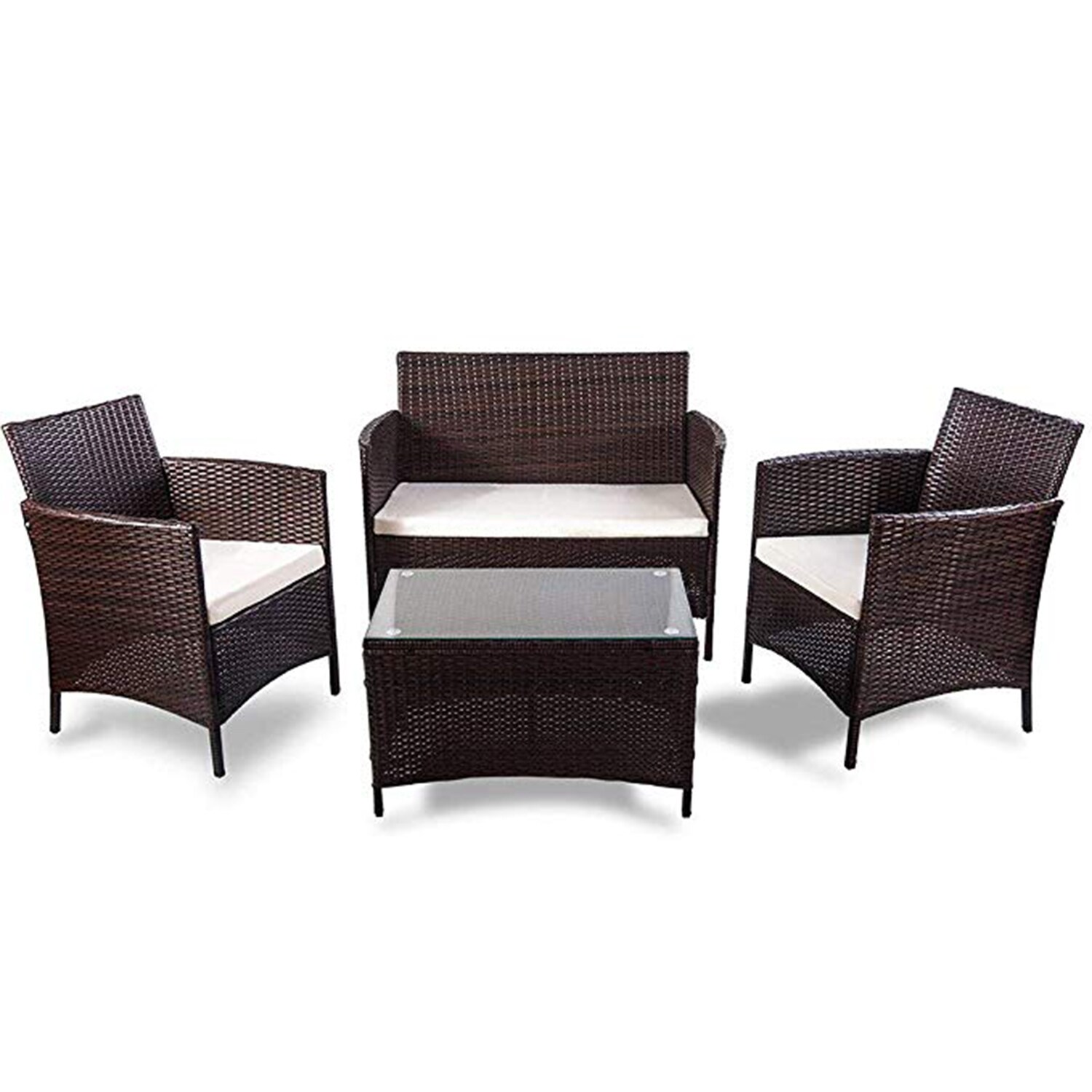 Coffee Table & Beige Cushions Merax Patio Furniture Set 4 Pieces Outdoor Conversation Set with Wicker Sofa Rattan Chairs Brown 