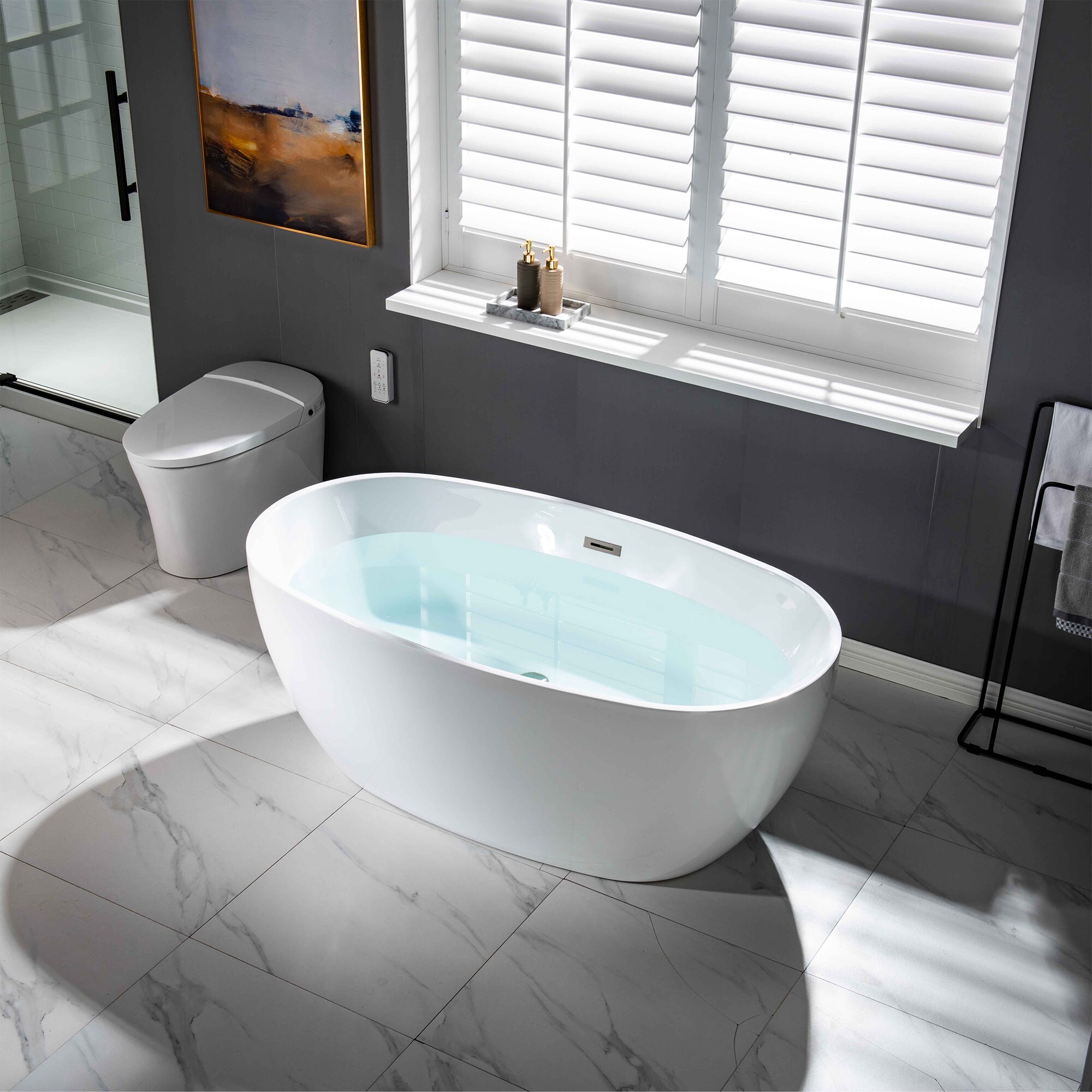 Woodbridge Arras 31.5-in W x 59-in L White with Brushed Nickel Trim Acrylic  Oval Center Drain Freestanding Soaking Bathtub (Drain Included)