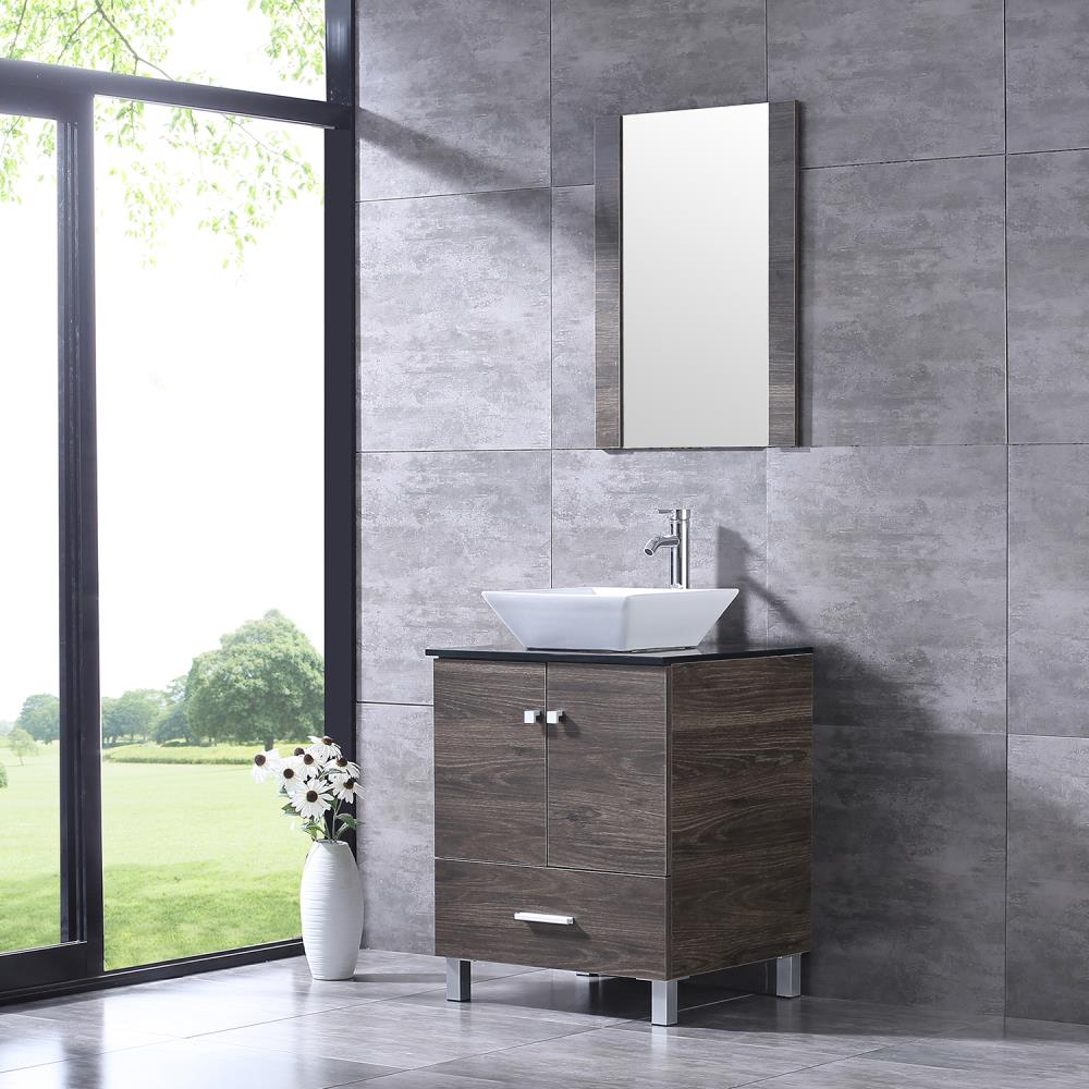 24" Modern Bathroom Vanity Cabinet W/Tempered Glass Vessel Sink Single Wood Top 
