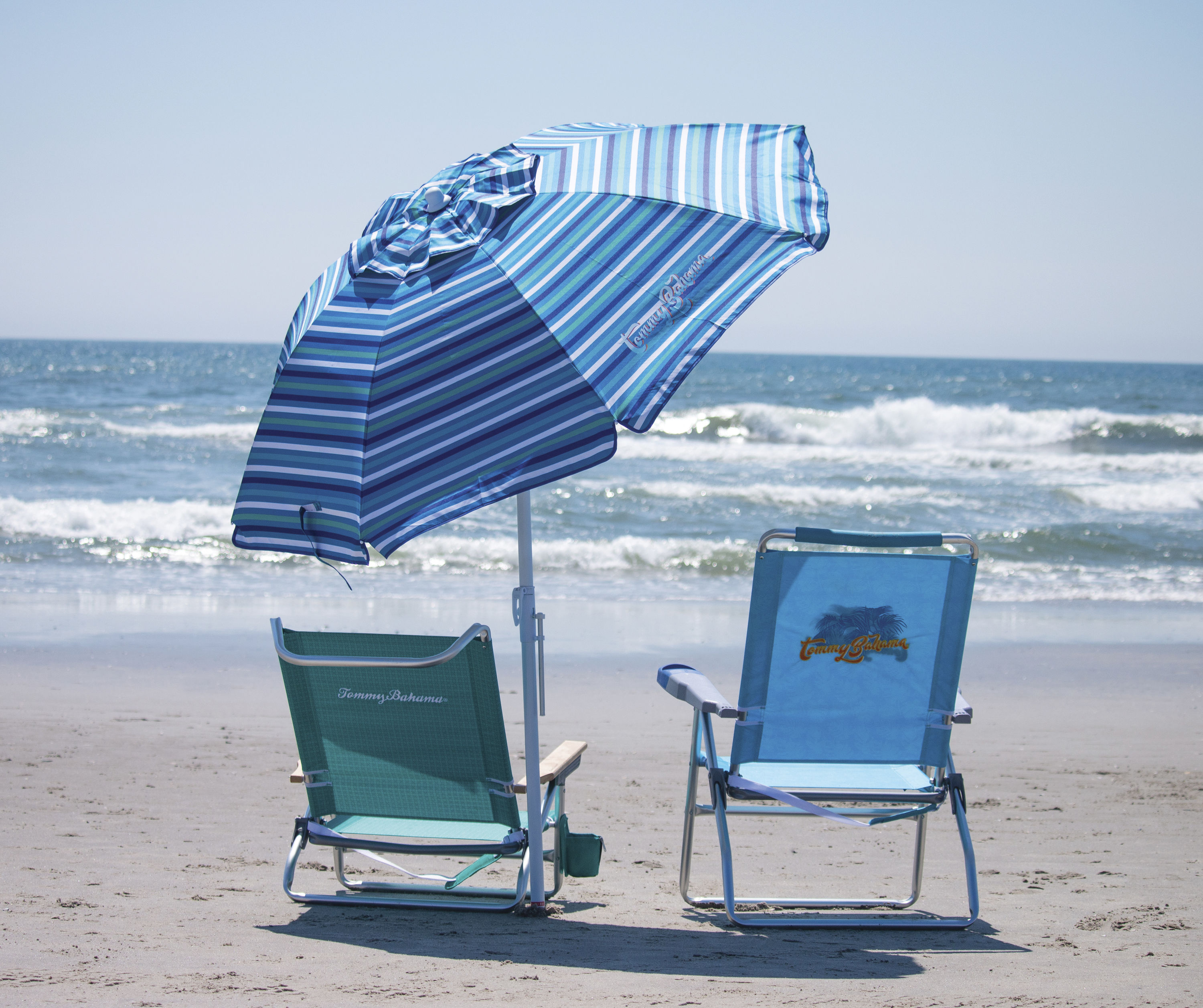 Tommy Bahama Green Stripe Beach Chair Set w/ Adjustable 8ft Umbrella LAST STOCK! 