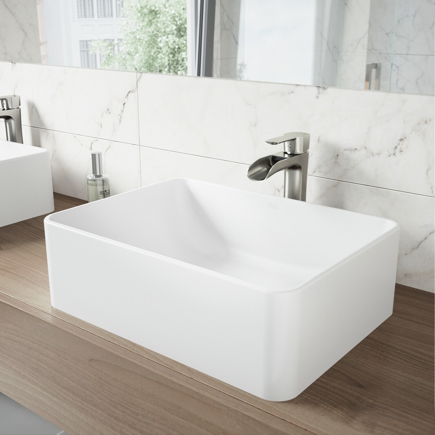 VIGO Amaryllis Matte White Matte Stone Vessel Rectangular Modern Bathroom Sink (19.75-in x 14.375-in)