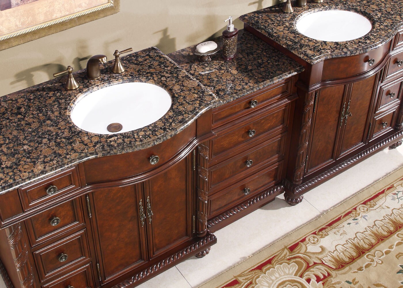 90.25" English Chestnut Finish Bathroom Vanity Double Sink Bath Cabinet 213CM 