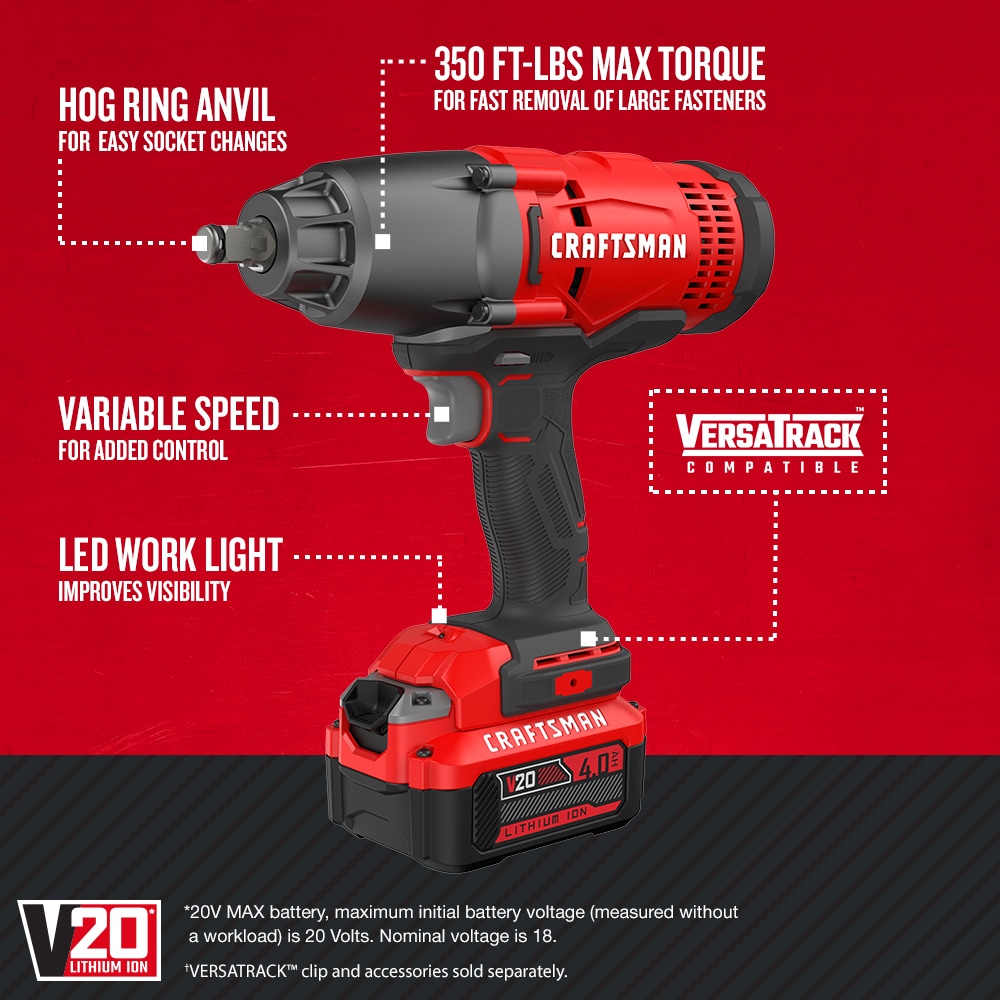 CRAFTSMAN V20 Variable Speed 1/2-in Drive Cordless Impact Wrench (1-Battery  Included)