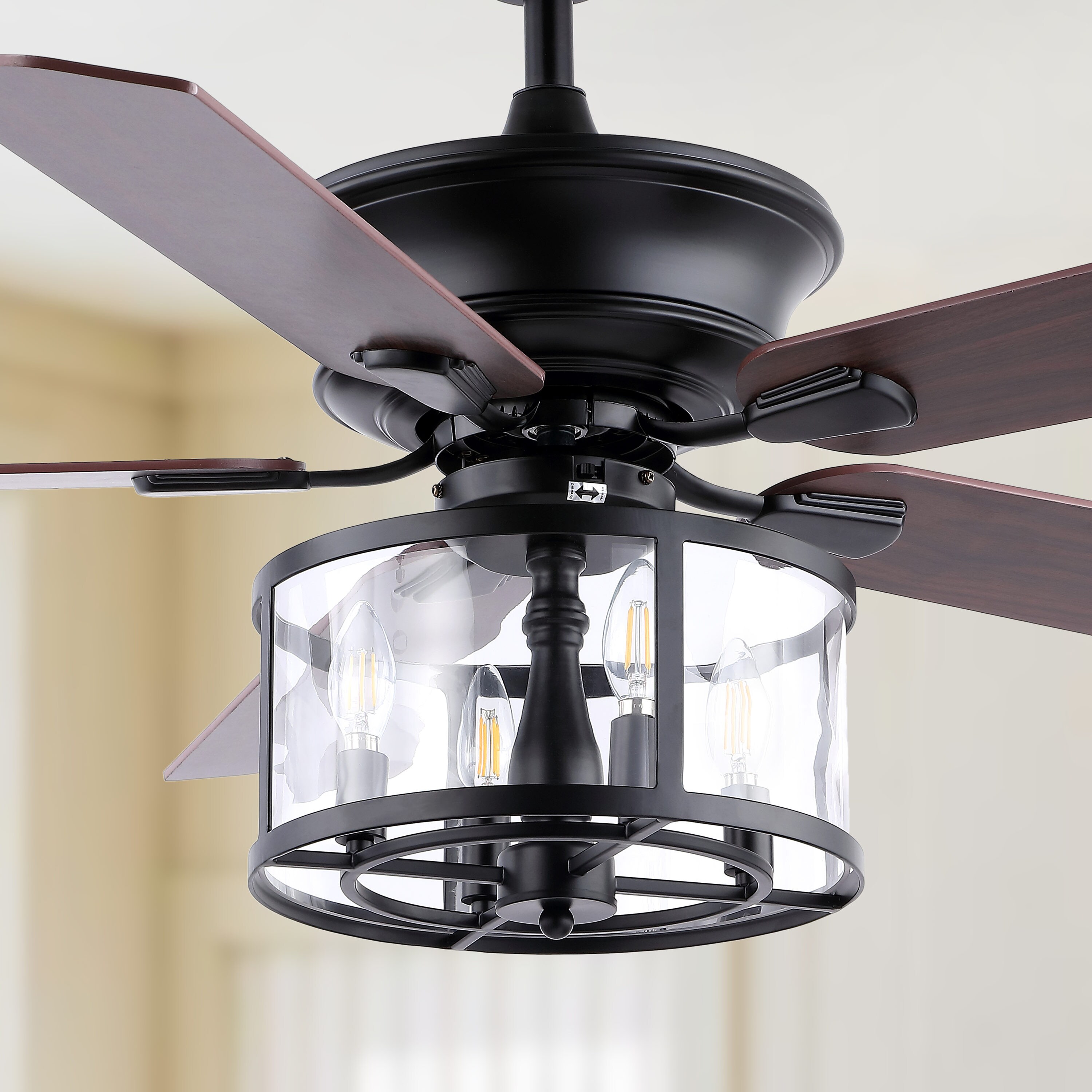 Indoor Black Downrod Mount Ceiling Fan With Light and Remote C Industrial 52 in 
